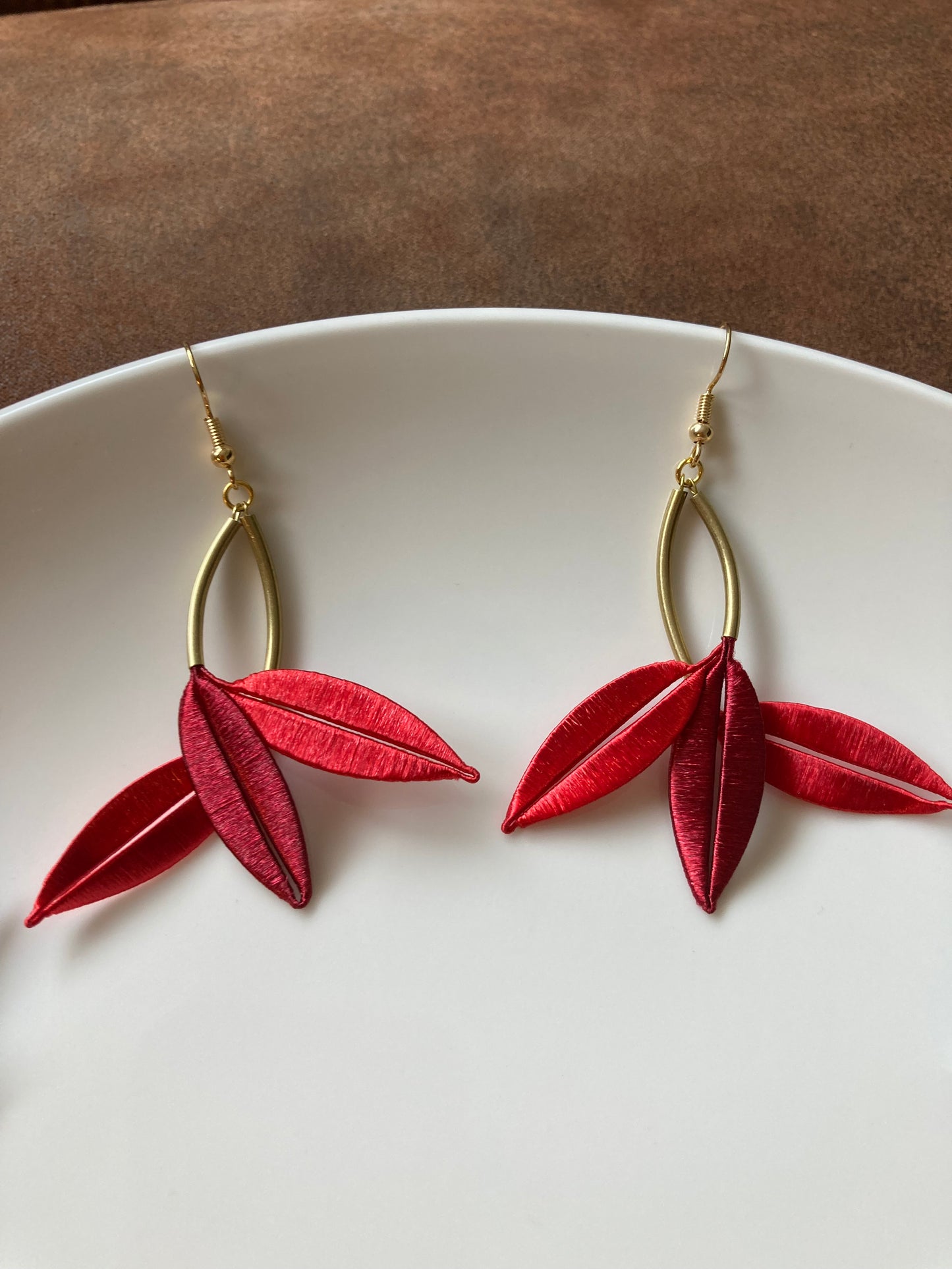 Lourdes•Unique Design Statement Hand-wrapped Silky Thread Red Floral Earrings