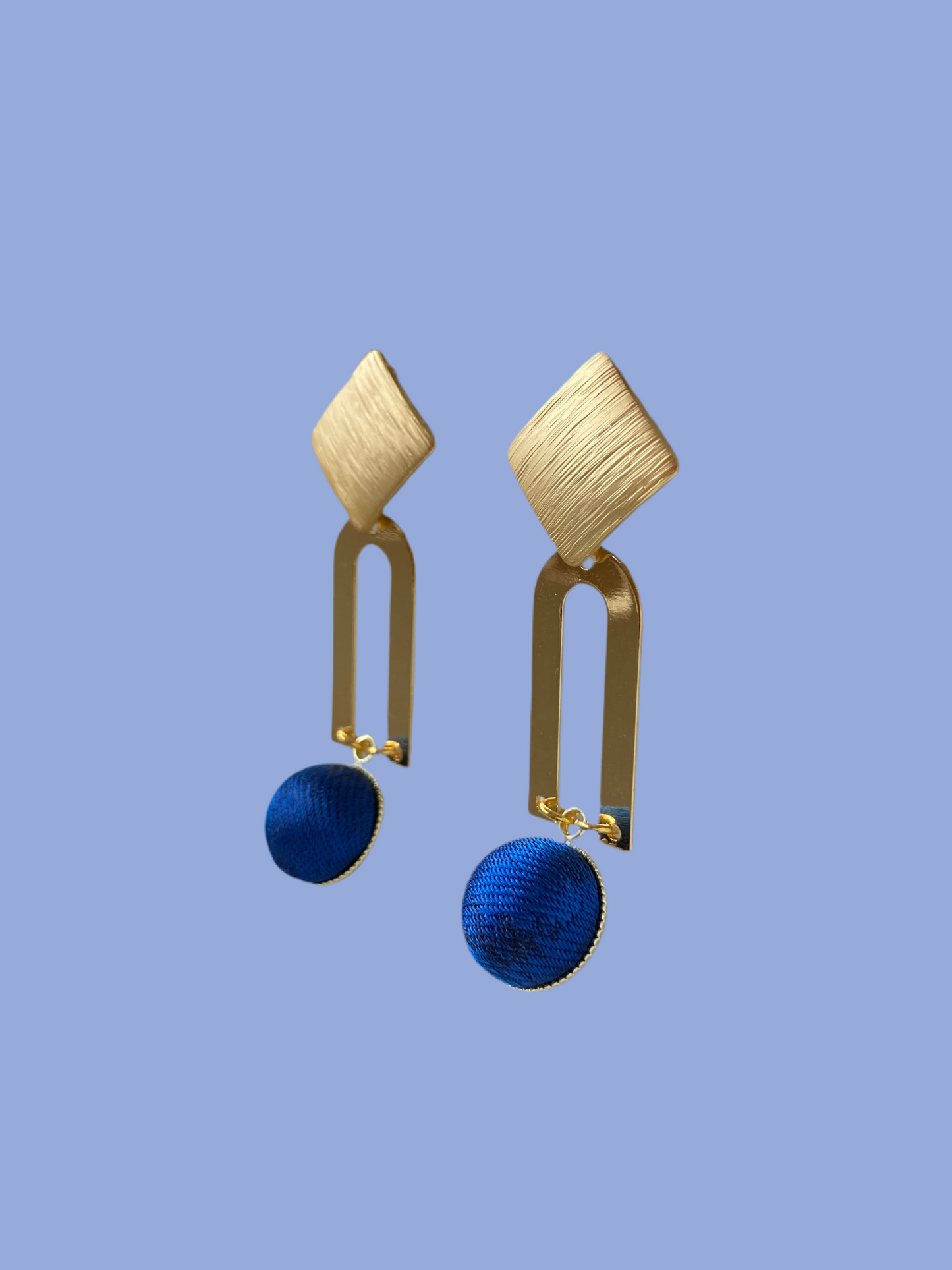 Golden Geographic Design Silk Earring Studs-Royal Blue