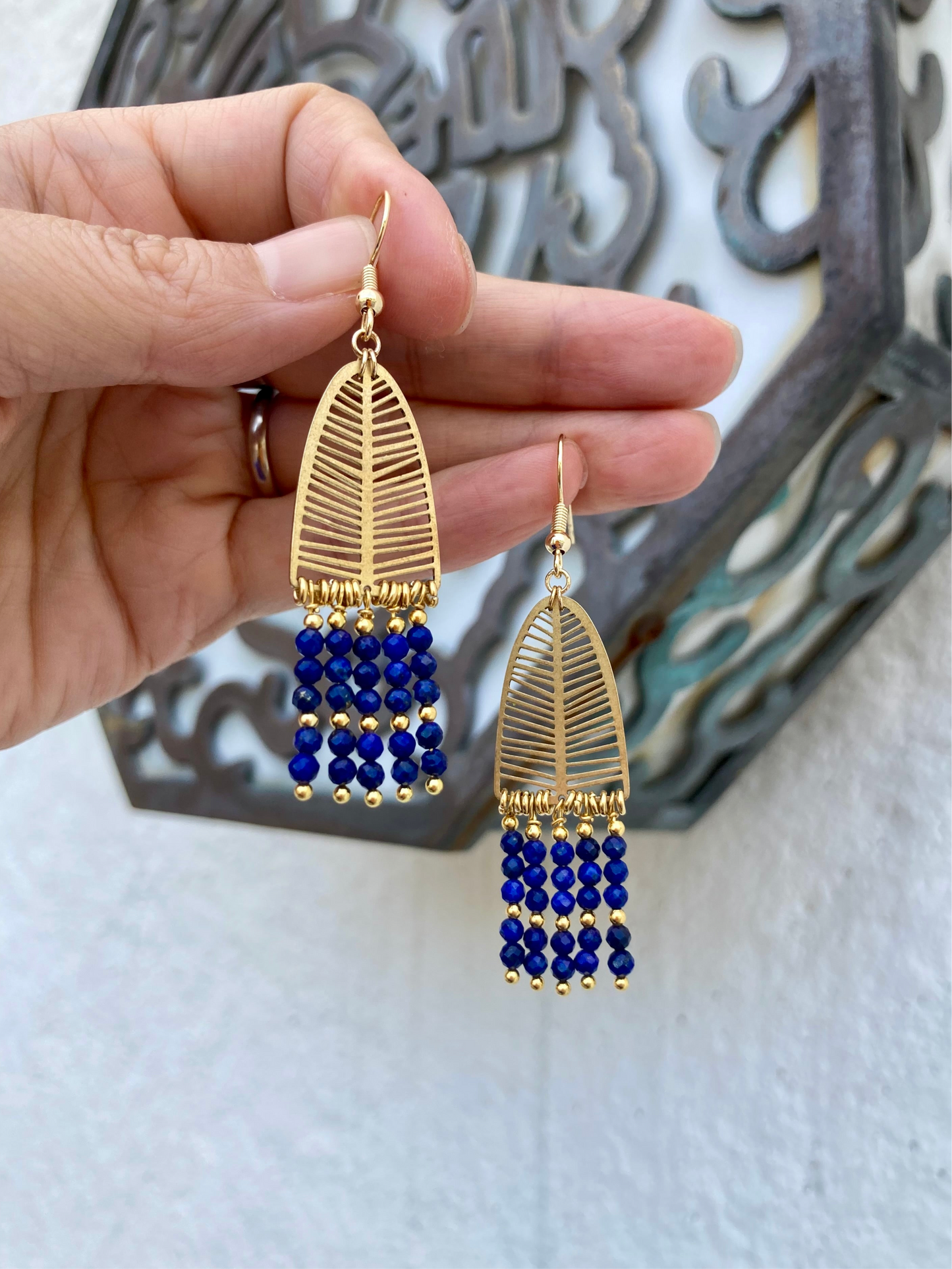 Lapis Lazuli Beads Golden Tree Tassel Earrings