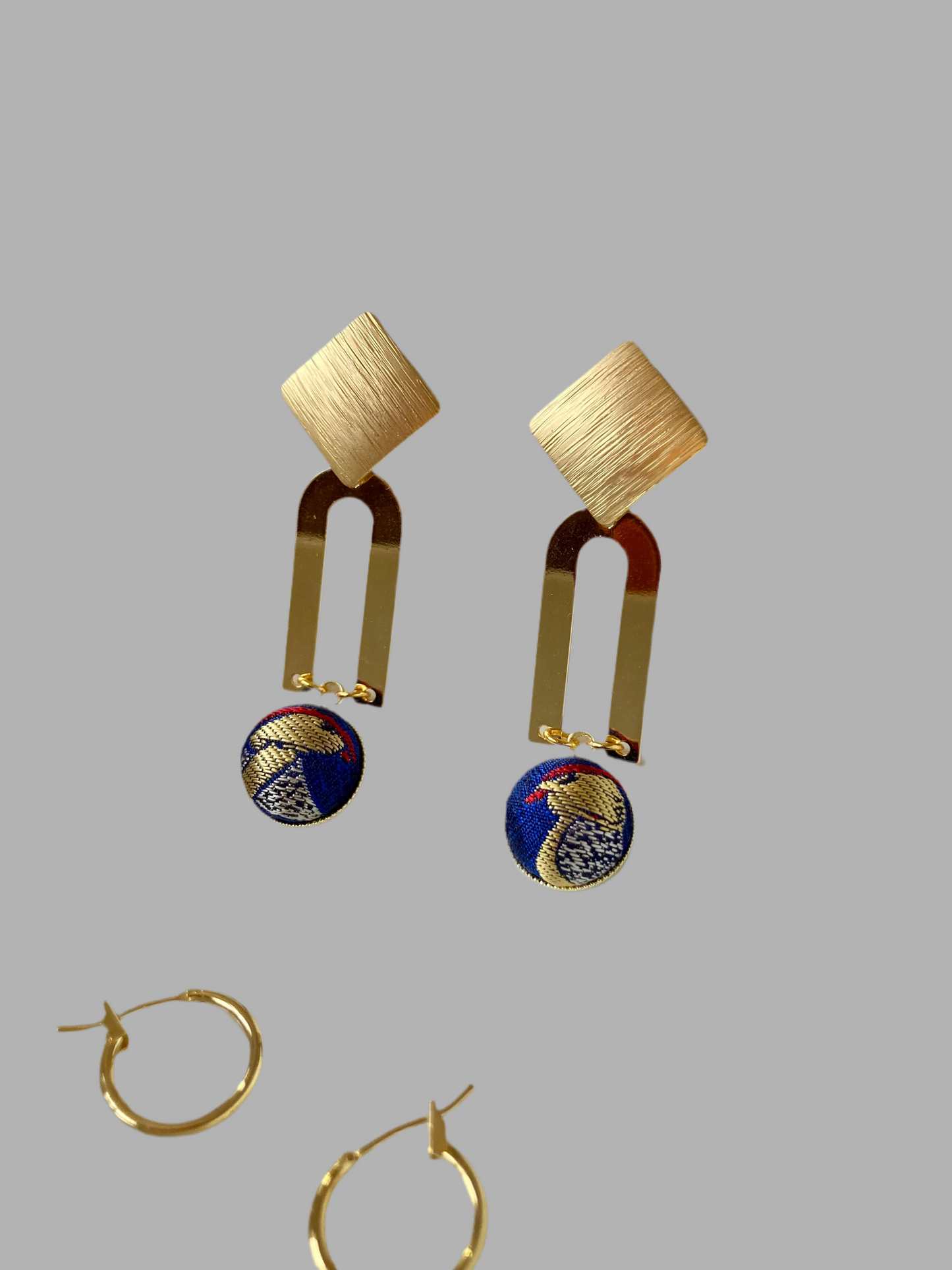 Golden Geographic Design Silk Earring Studs-Royal Blue