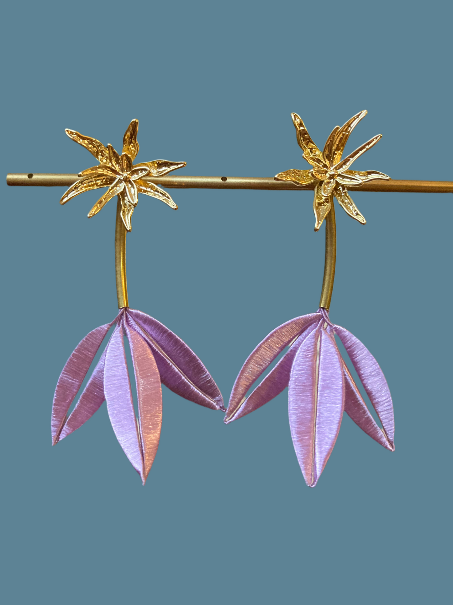 Interchangeable Heritage Skills Hand-wrapped Silky Thread Lavender Gold Floral Studs Earrings