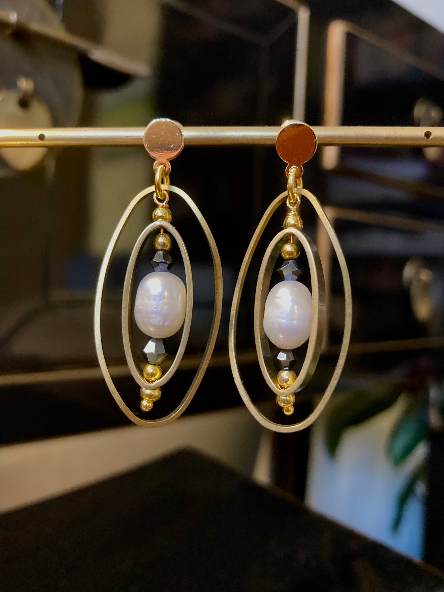 Lynn T• Freshwater Pearl Modern Geometric Design Golden Dangling Earrings