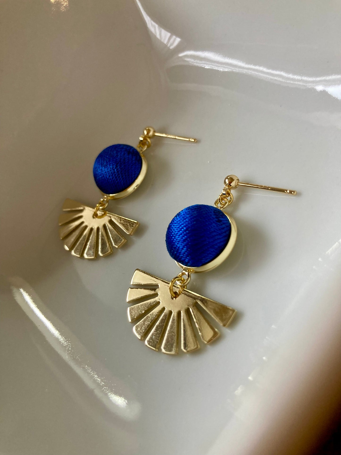 Golden Contemporary Design Silk Earring Studs-Royal Blue