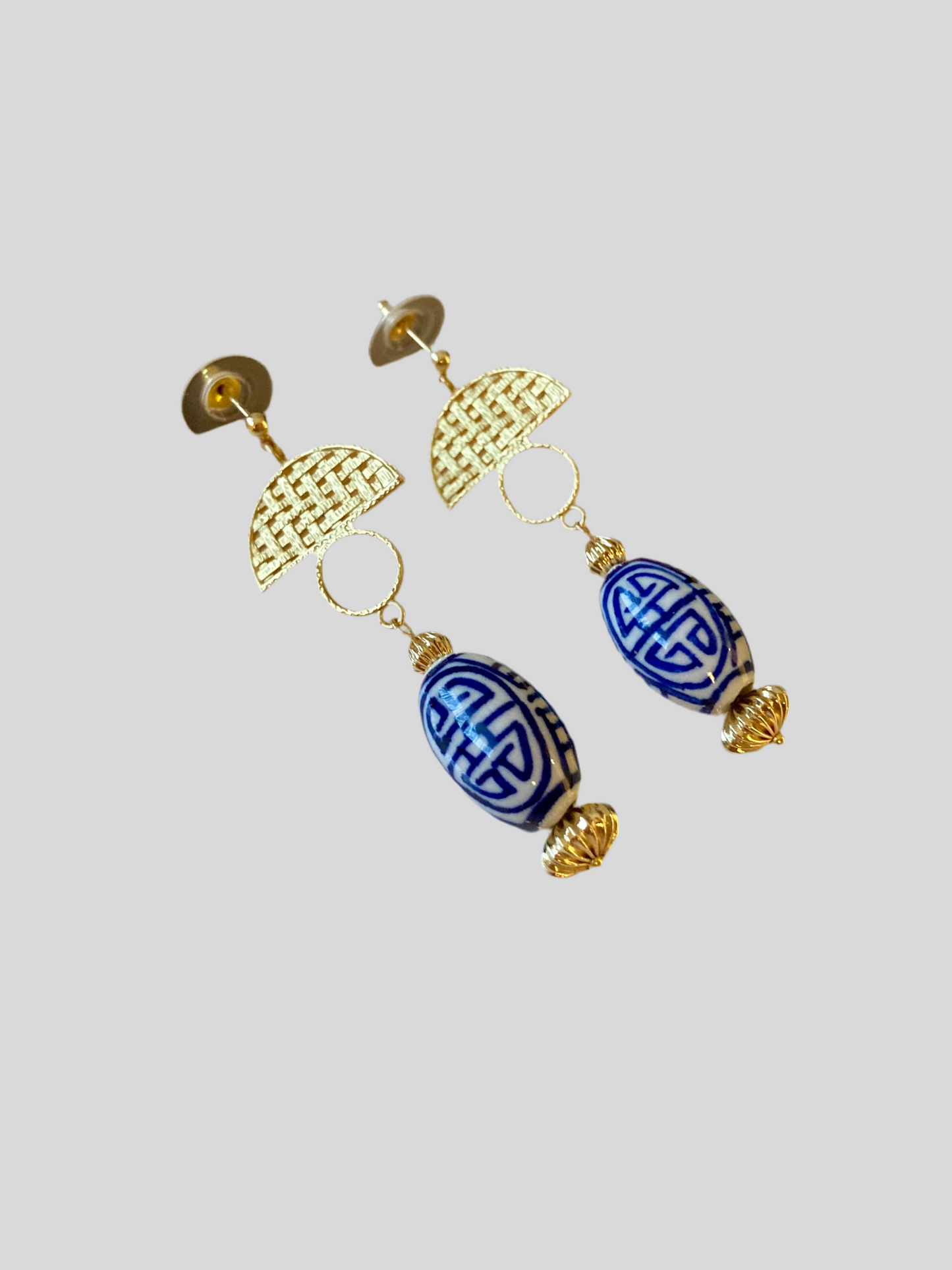 Gwen•Statement Golden Stud Earrings with Hand Painted Ceramic Ancient Character of Long-Life Beads