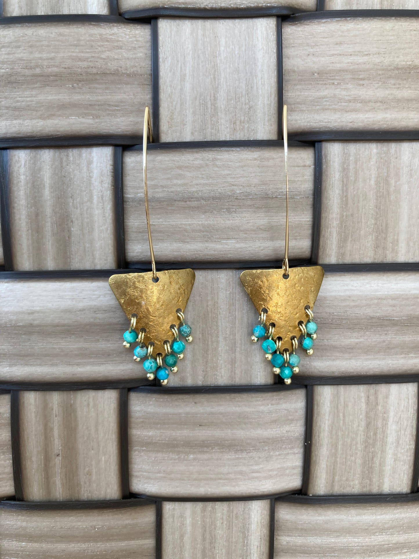 Tulum•Unique Hand Hammered Golden Geometric Turquoise Beads Tassel Earrings