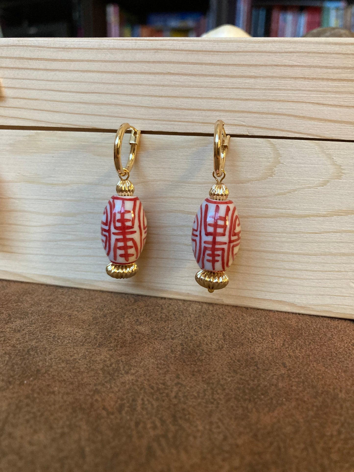 Golden Interchangeable Huggies Earrings with Hand Painted Ceramic Ancient Character of Long-Life Ceramic Beads