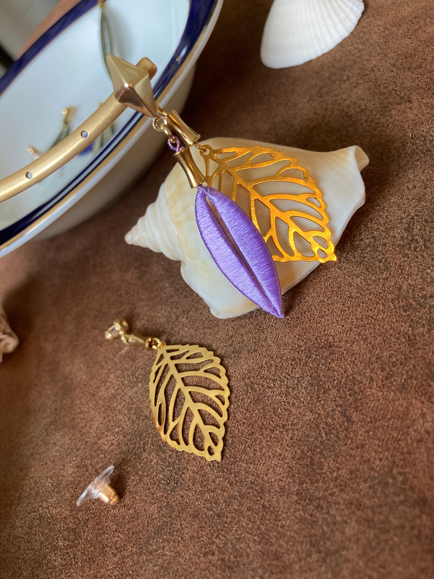 Interchangeable Gold & Lavender Shiny Hand-wrapped Silky Thread Leaf Dangling Earrings