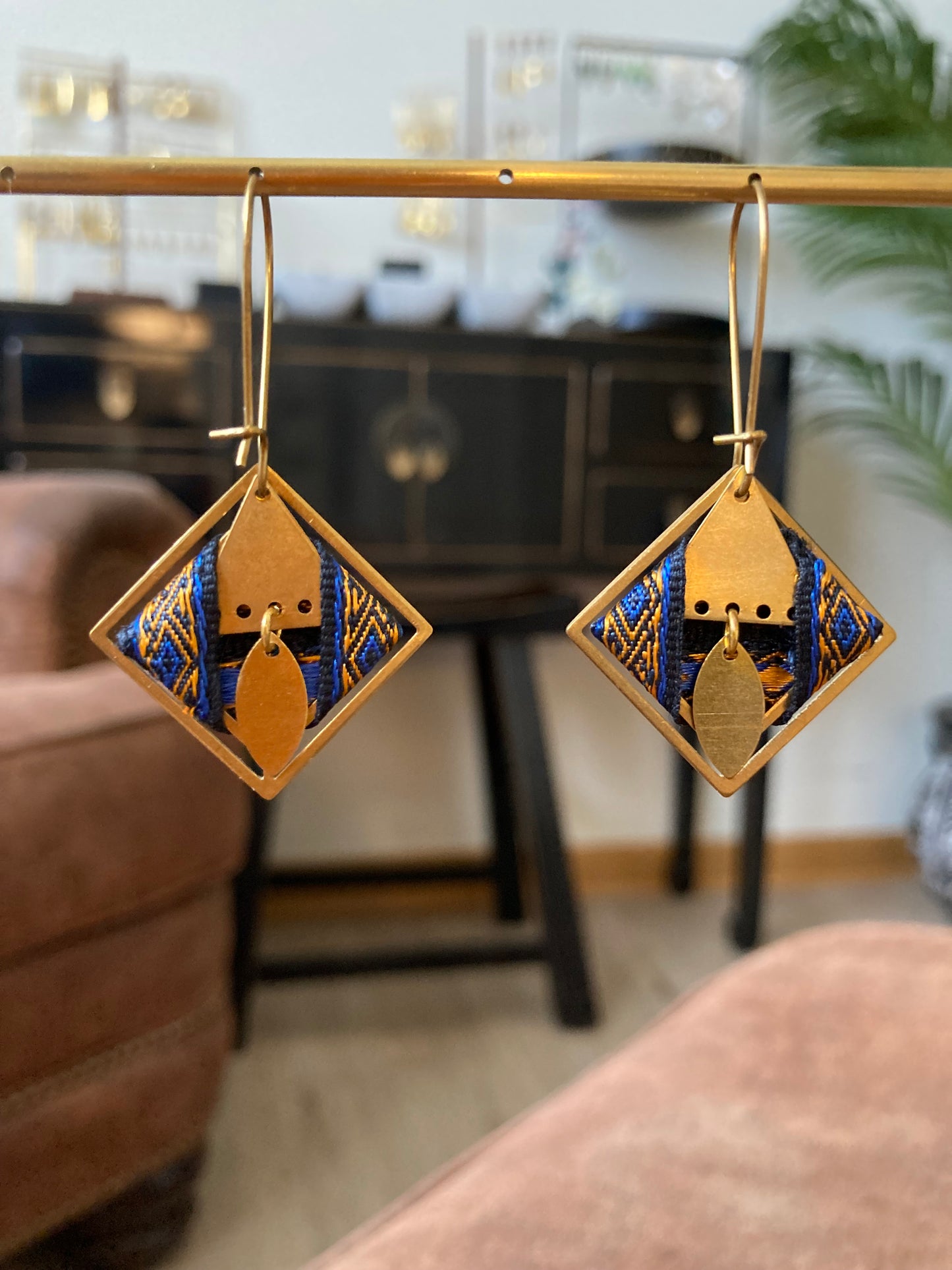 Aztec-Golden Geometric Diamond Dangling Earrings