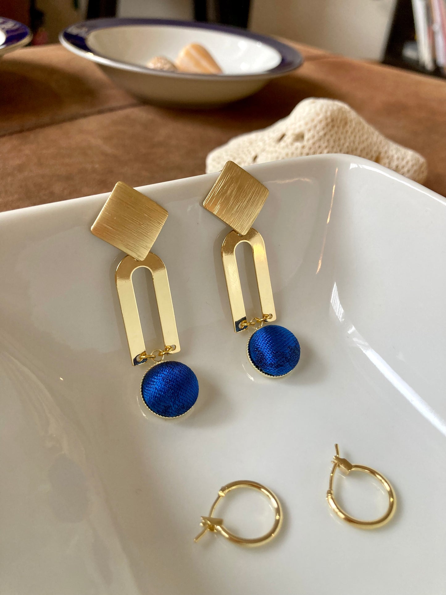 Golden Geographic Design Silk Earring Studs-Royal Blue