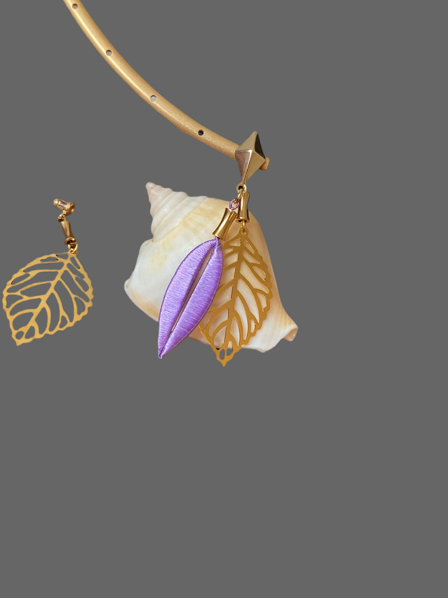 Interchangeable Gold & Lavender Shiny Hand-wrapped Silky Thread Leaf Dangling Earrings