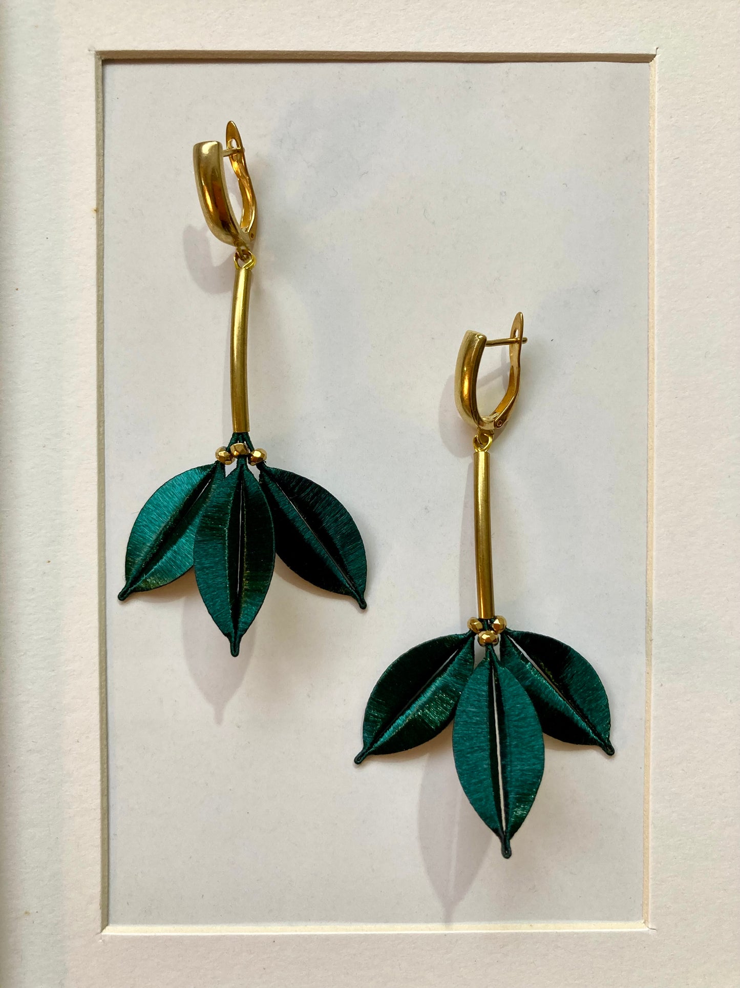 Statement Unique Design Hand-wrapped Shiny Dark Green Silky Thread Floral Earrings