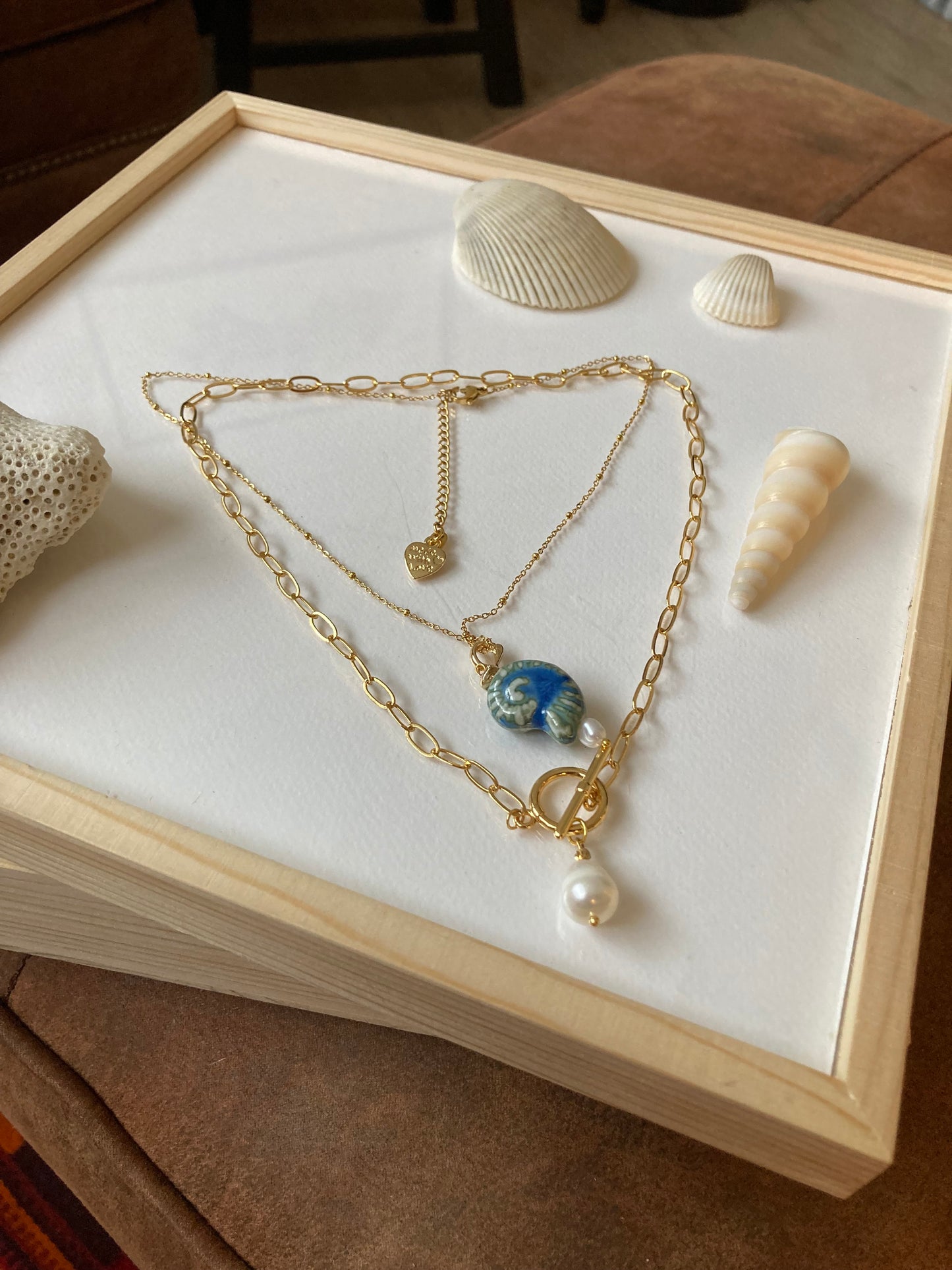 Fun Chic 6+Way to Style Interchangeable Double Layer Golden Necklace with Natural Freshwater Pearl & Ceramic Shell Charm