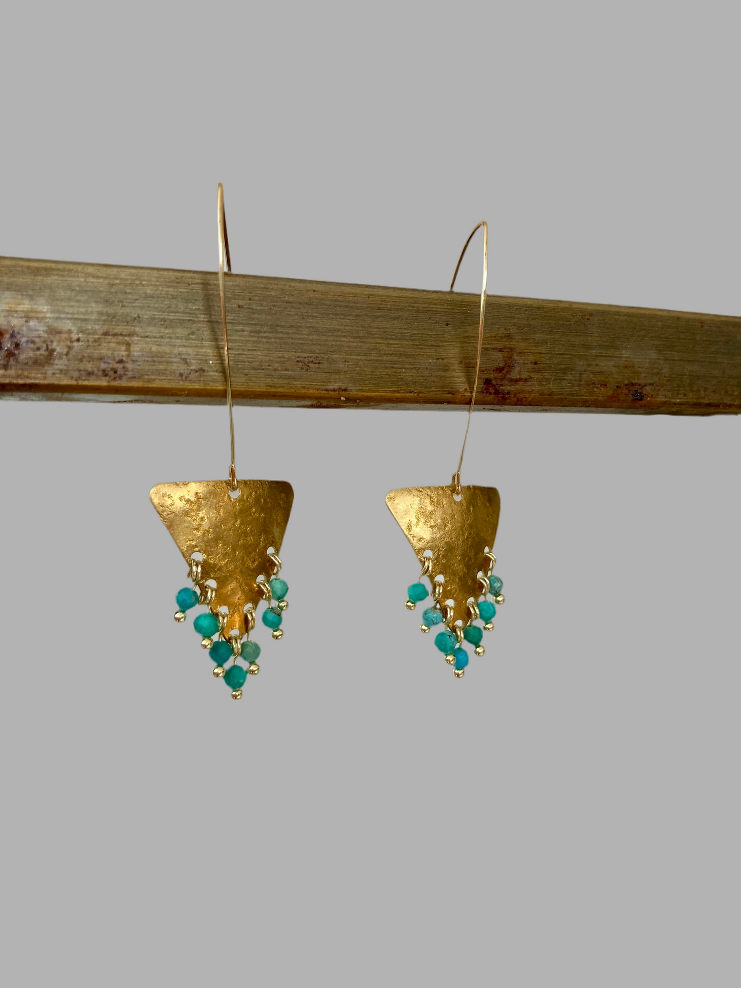 Tulum•Unique Hand Hammered Golden Geometric Turquoise Beads Tassel Earrings