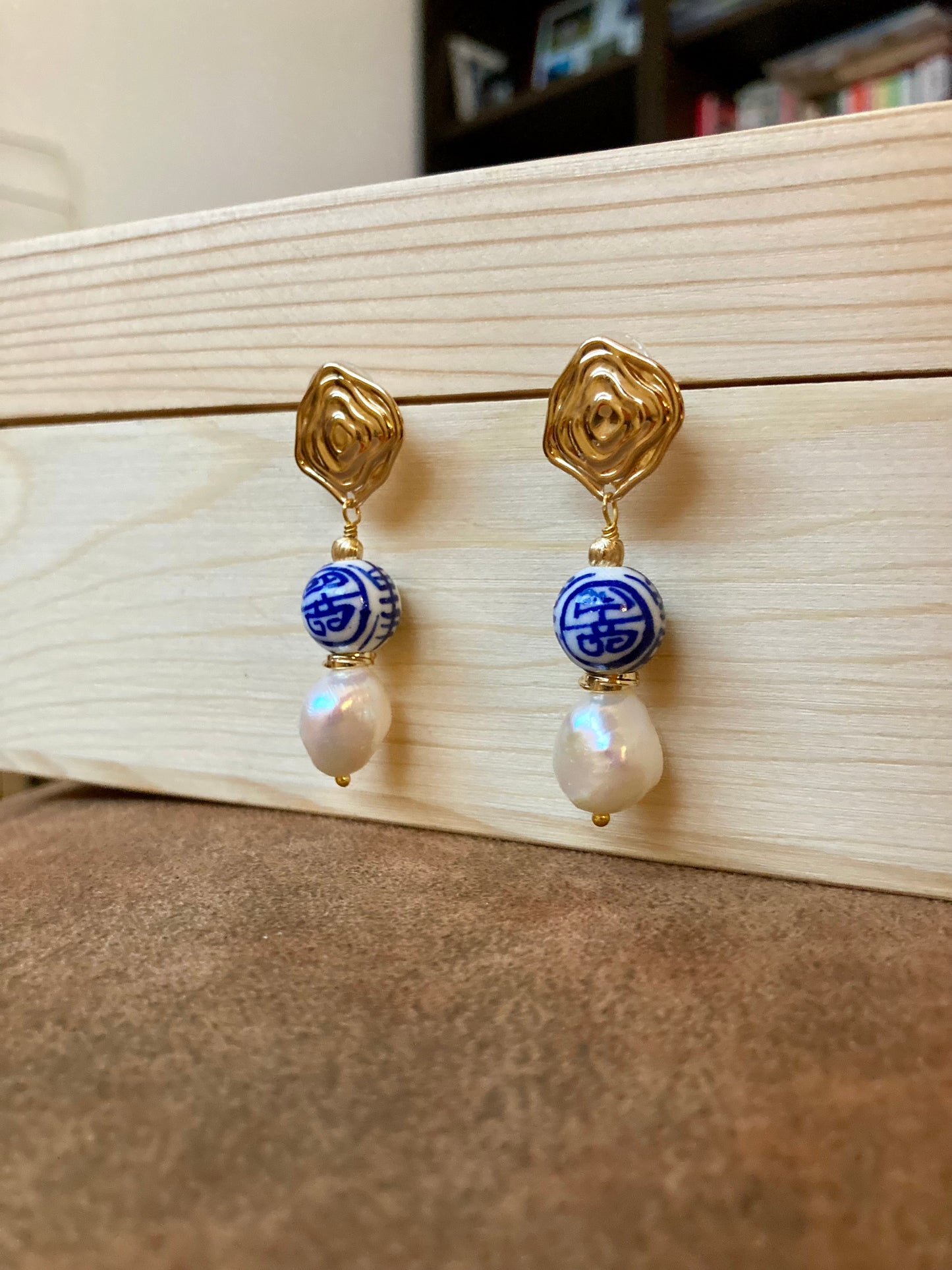 Statement Golden Stud Earrings in Freshwater Pearl & Hand Painted Ancient Character of Long-Life Ceramic Beads