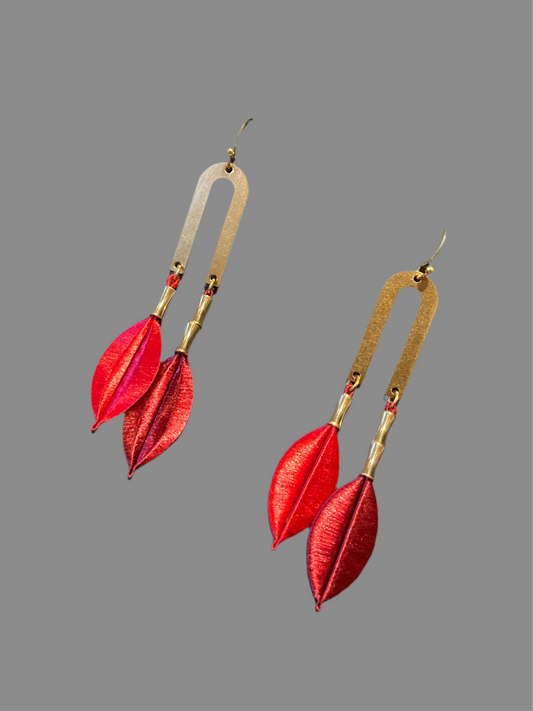 Kisses•Shiny Hand-wrapped Shiny Mixed Red Color Silky Thread Tree Leaf Earrings