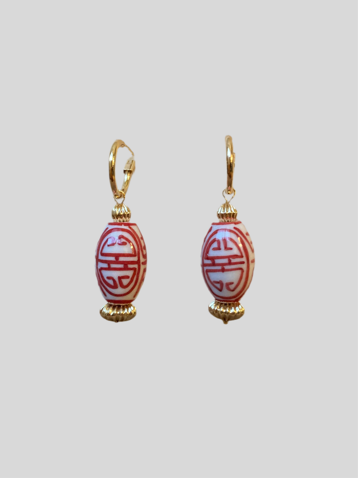 Golden Interchangeable Huggies Earrings with Hand Painted Ceramic Ancient Character of Long-Life Ceramic Beads