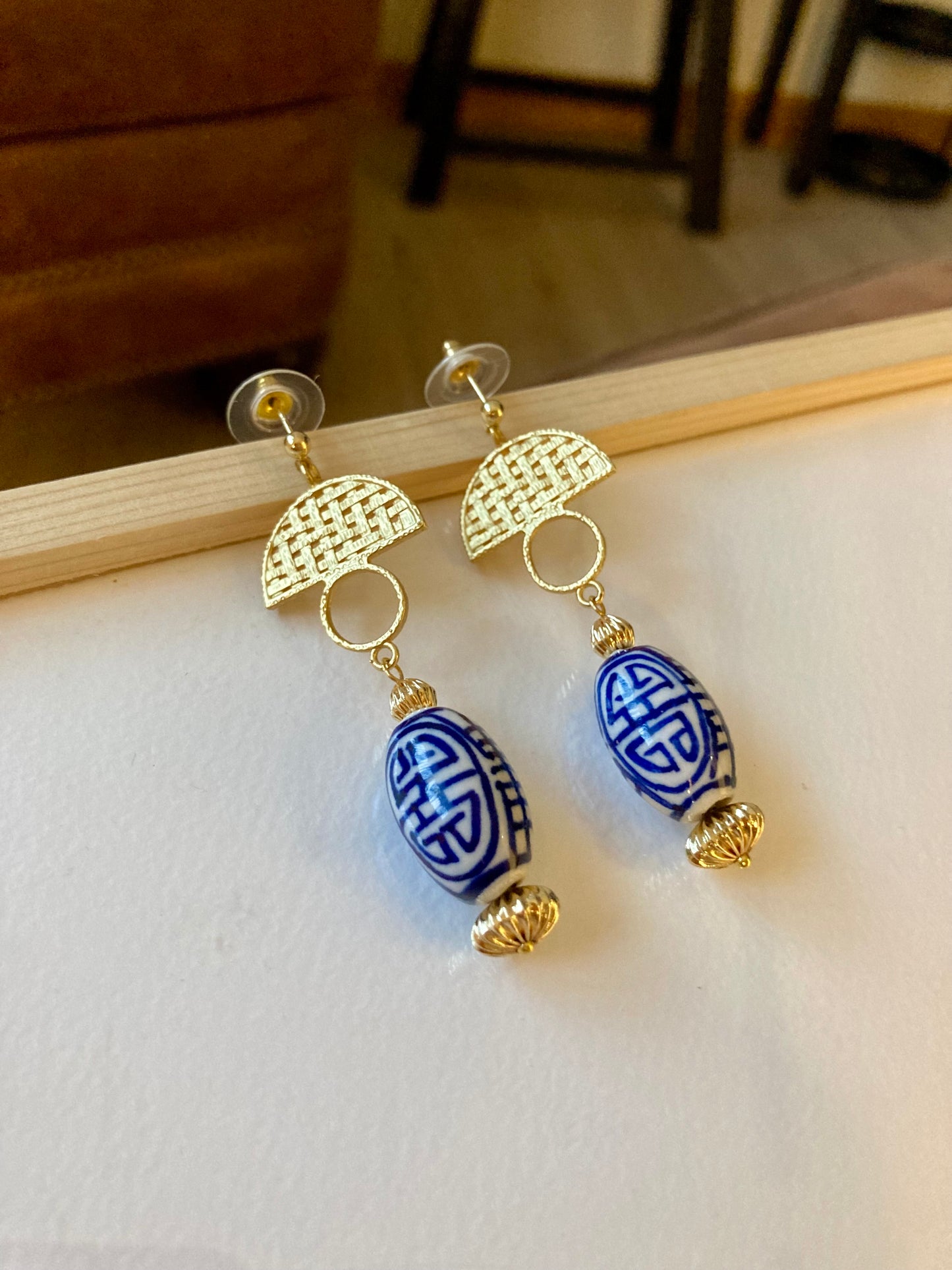 Gwen•Statement Golden Stud Earrings with Hand Painted Ceramic Ancient Character of Long-Life Beads