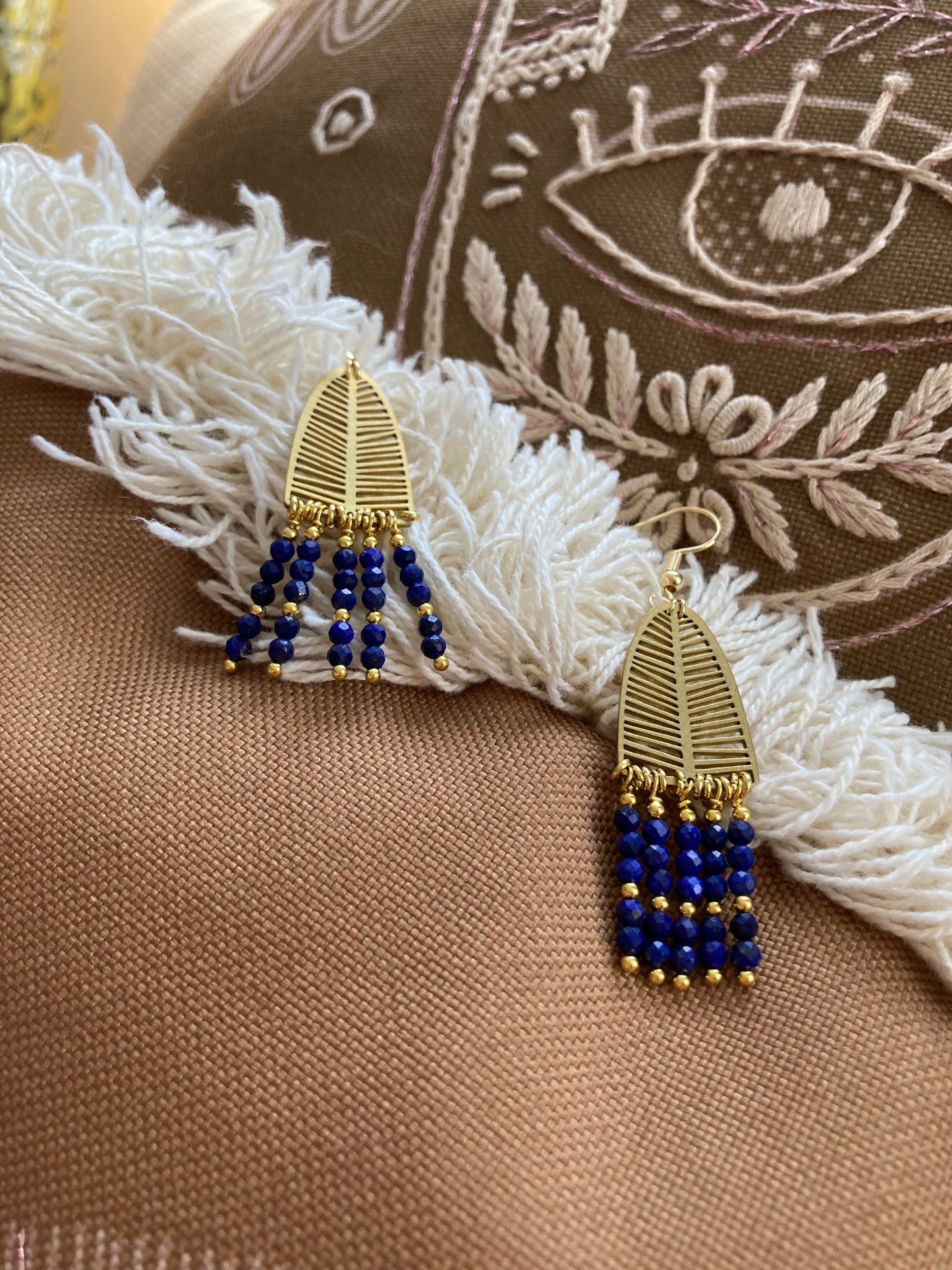 Lapis Lazuli Beads Golden Tree Tassel Earrings