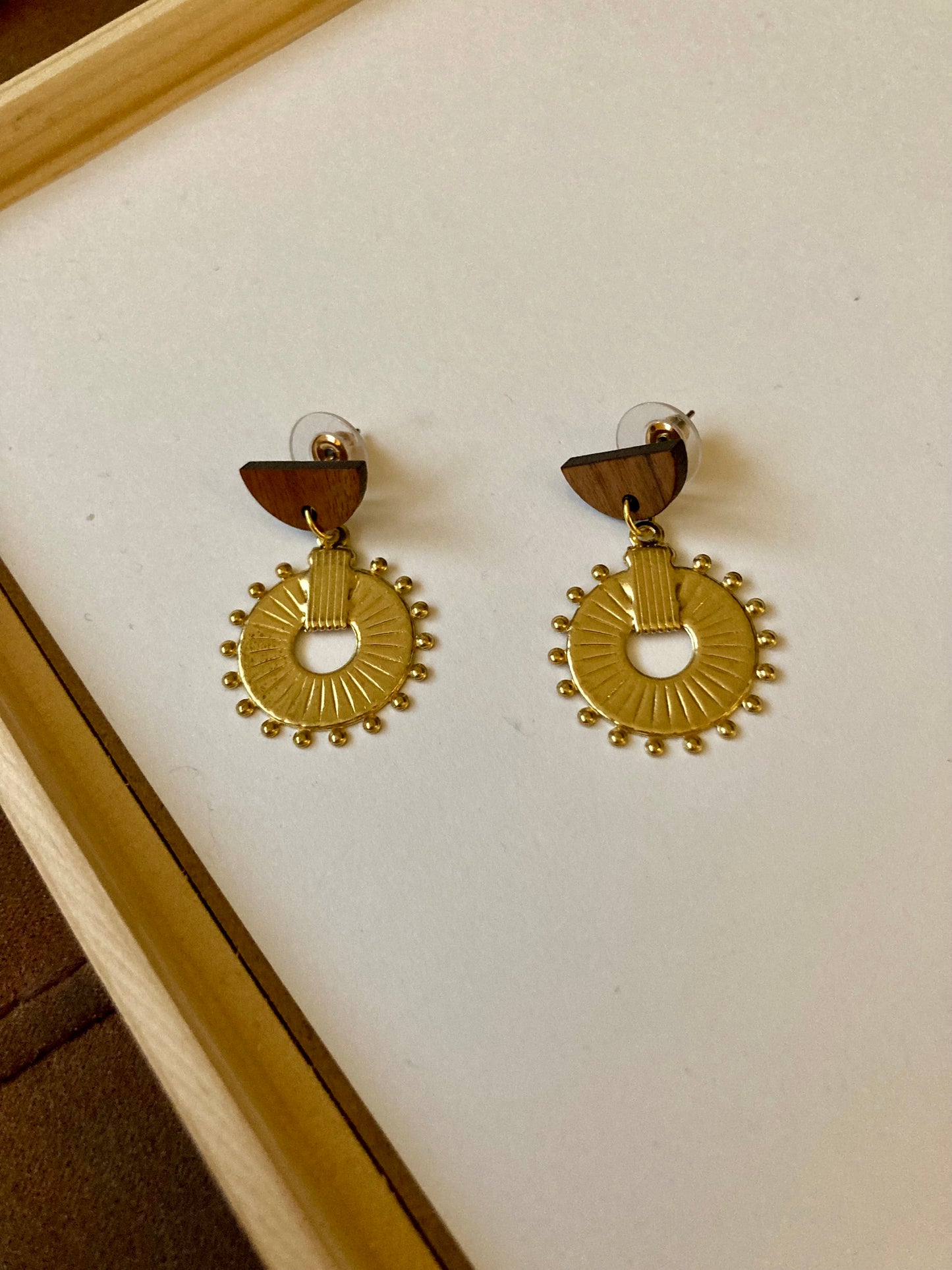 Discovery • Unique Golden Brass Wood Stud Earrings