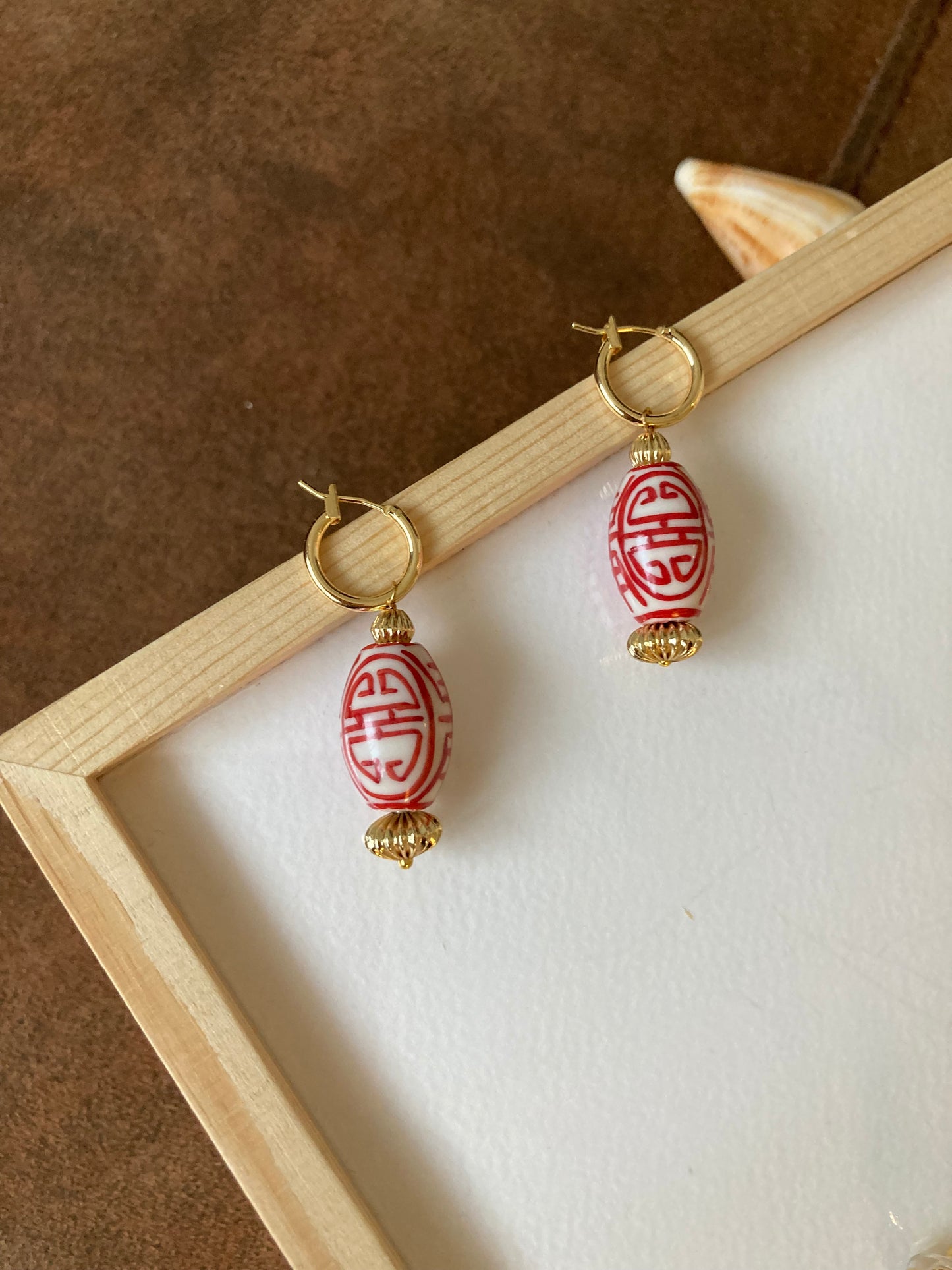 Golden Interchangeable Huggies Earrings with Hand Painted Ceramic Ancient Character of Long-Life Ceramic Beads