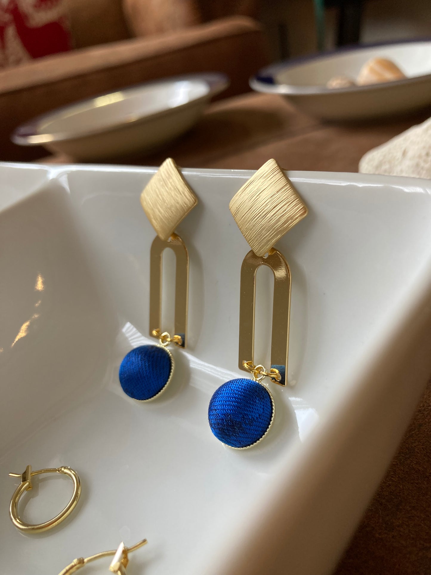 Golden Geographic Design Silk Earring Studs-Royal Blue