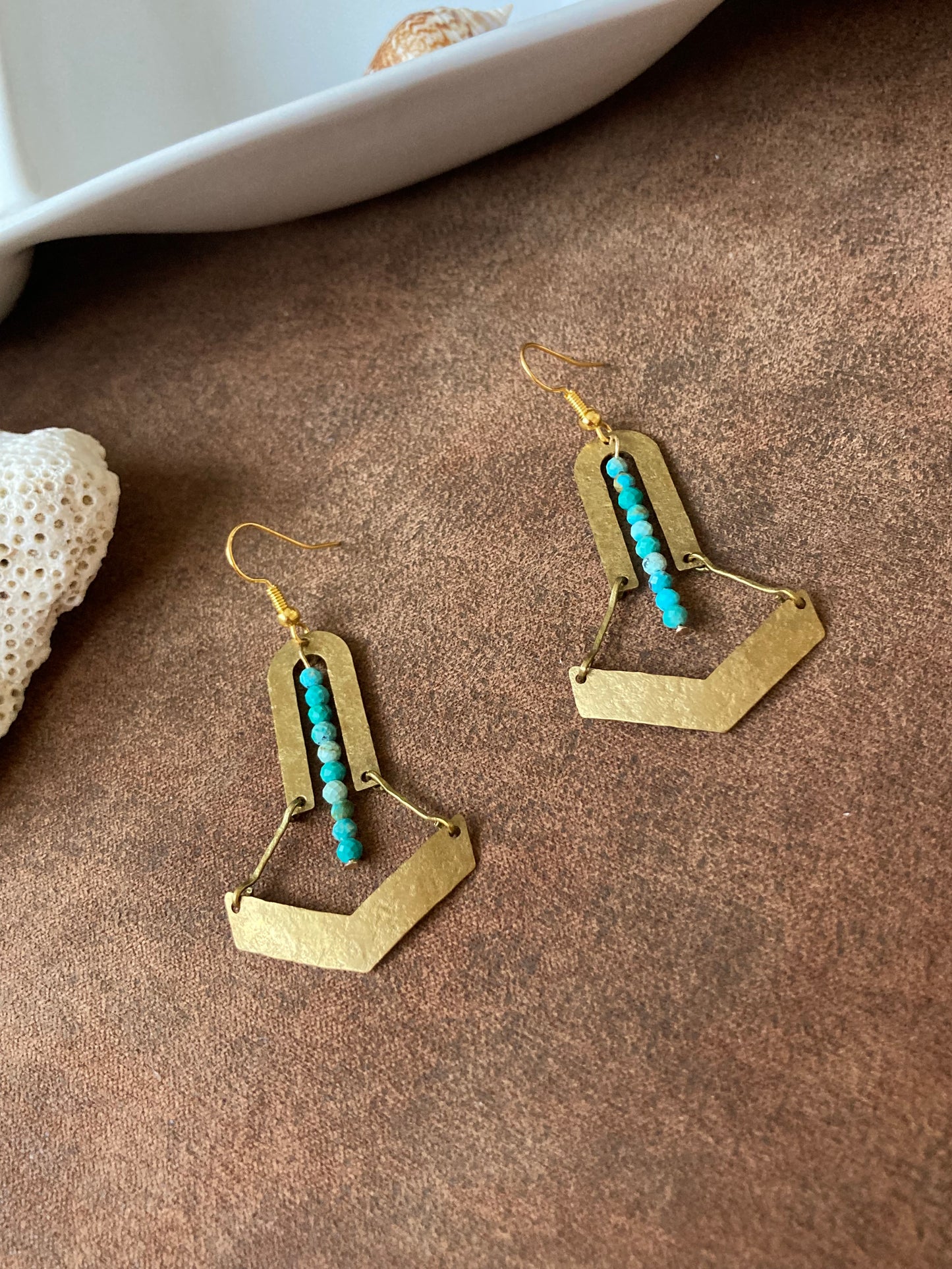 Tulum•Unique Turquoise Beads Hand Hammered Golden Geometric Earrings