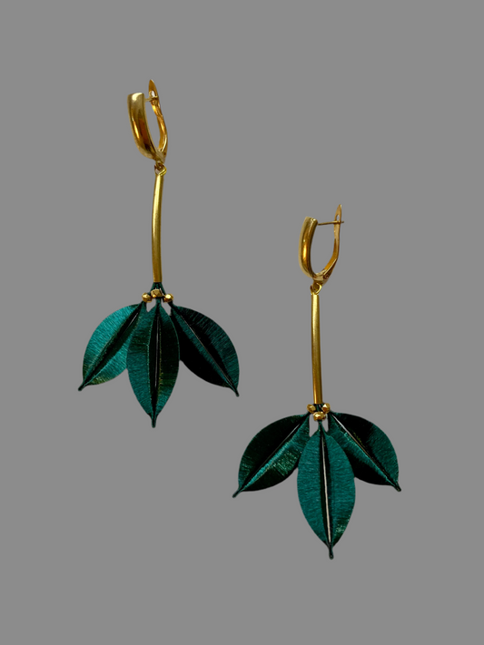 Statement Unique Design Hand-wrapped Shiny Dark Green Silky Thread Floral Earrings