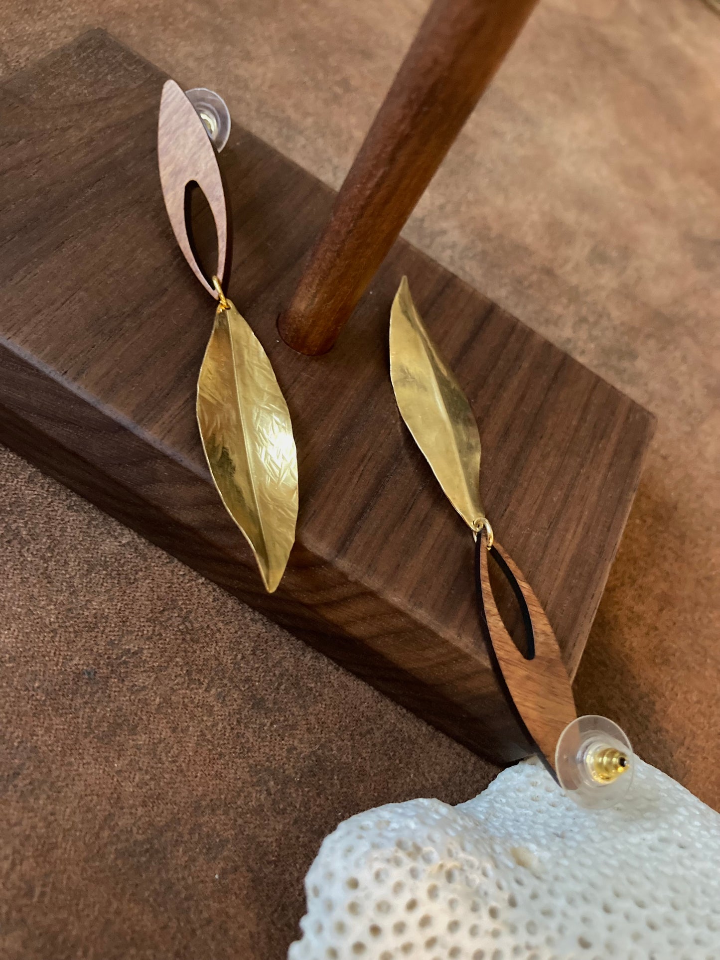 Discovery - Golden Hand Hammered Brass Leaf Wood Stud Earrings