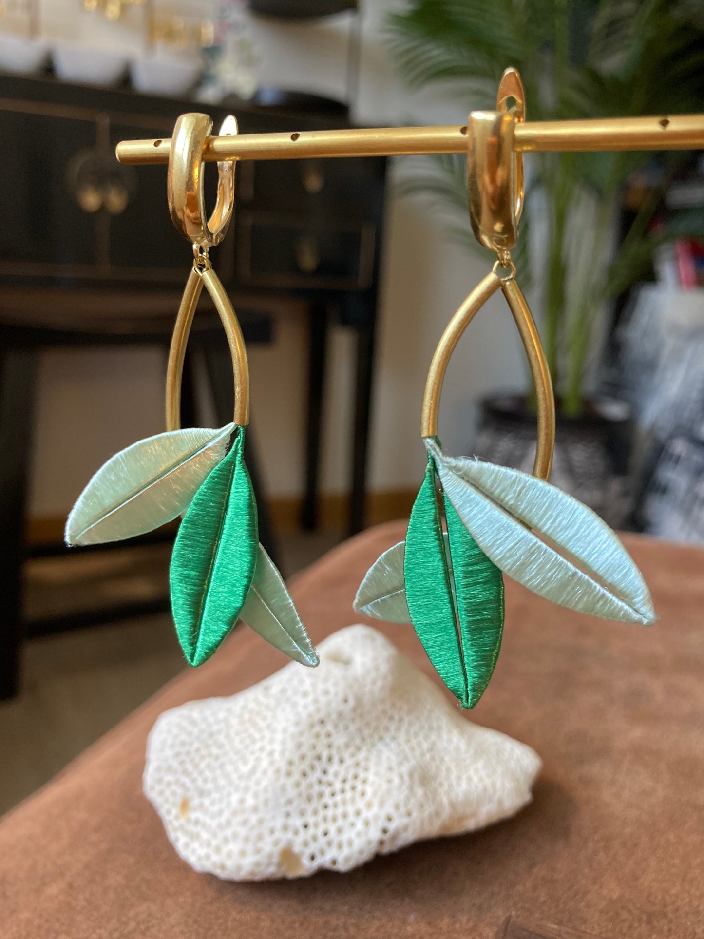 Unique Design Statement Hand-wrapped Silky Thread Mixed Green Floral Earrings