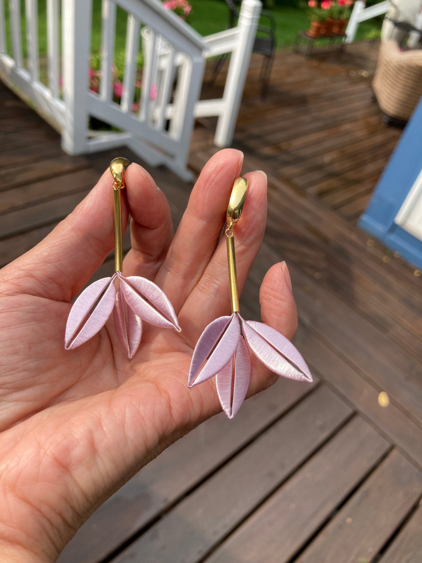 Unique Design Hand-wrapped Shiny Baby Pink Silky Thread Tree Leaf Floral Earrings