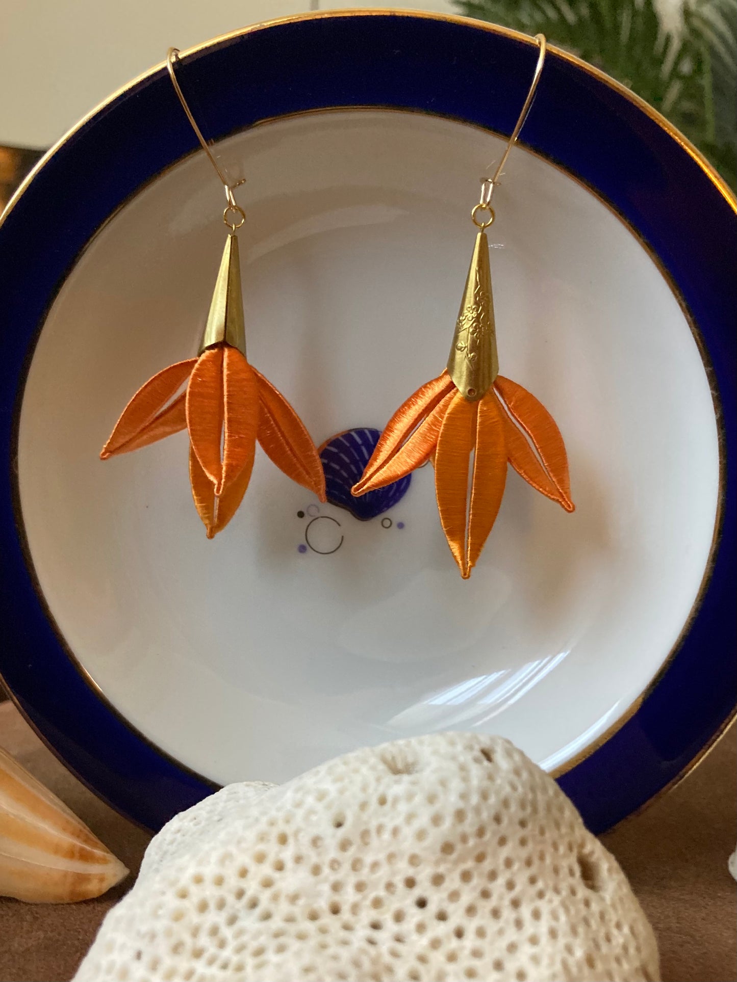 Orange Shiny Hand-wrapped Silky Thread Windmill Floral Earrings