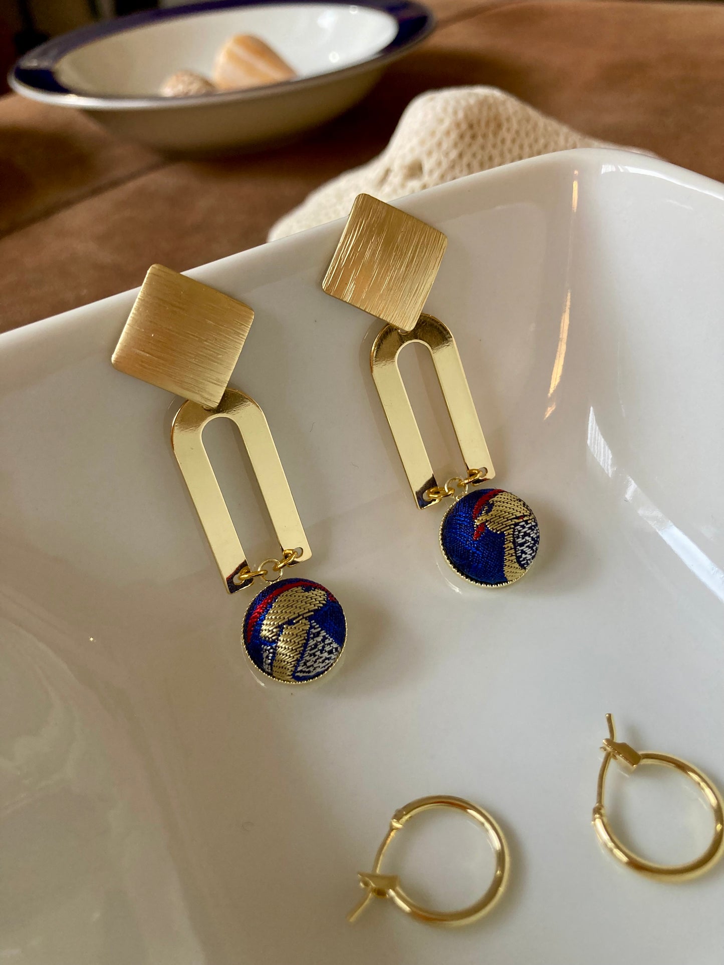 Golden Geographic Design Silk Earring Studs-Royal Blue