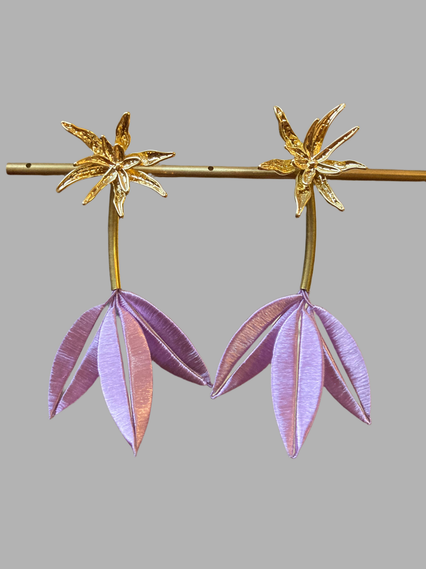 Interchangeable Heritage Skills Hand-wrapped Silky Thread Lavender Gold Floral Studs Earrings