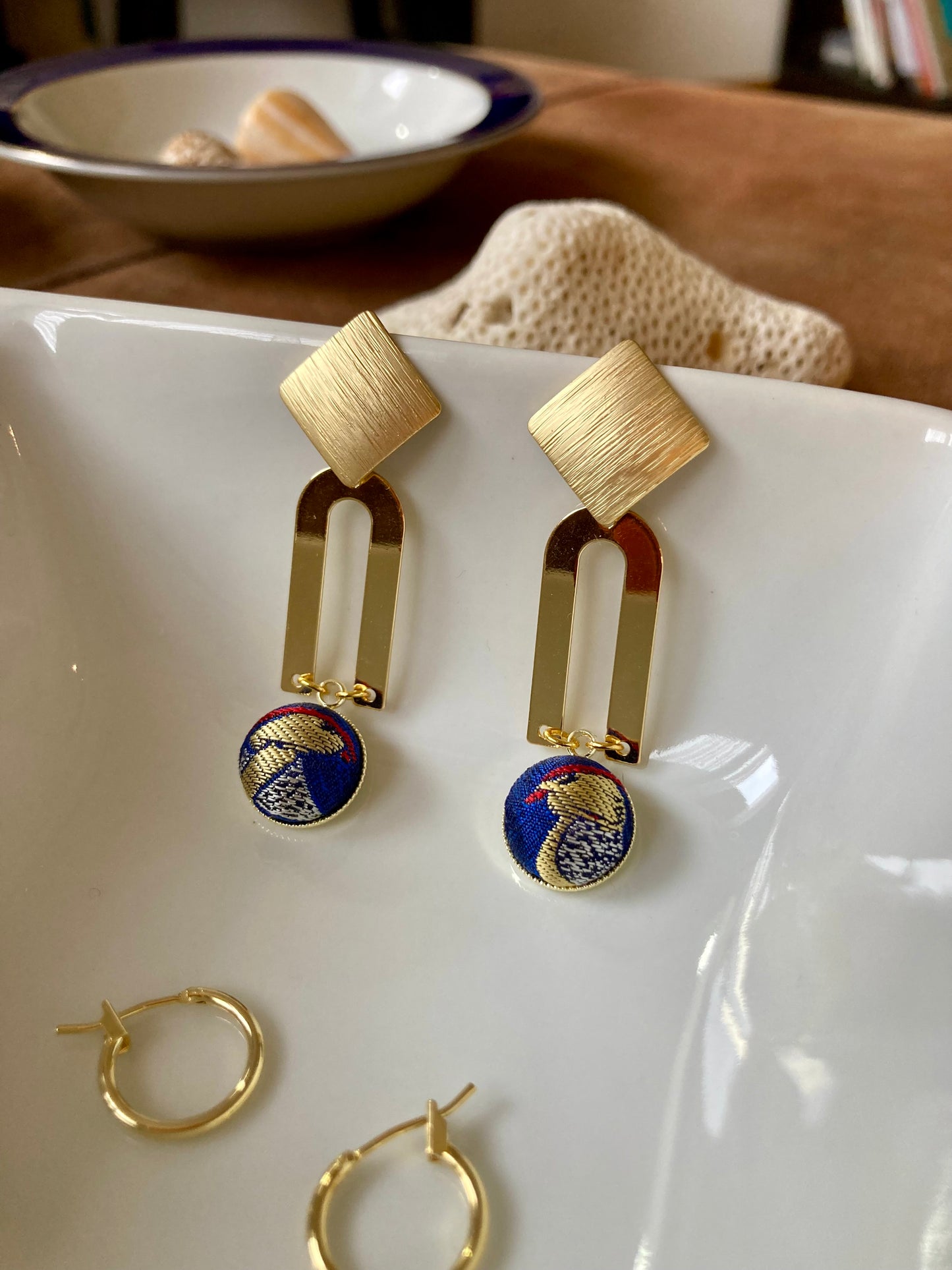 Golden Geographic Design Silk Earring Studs-Royal Blue