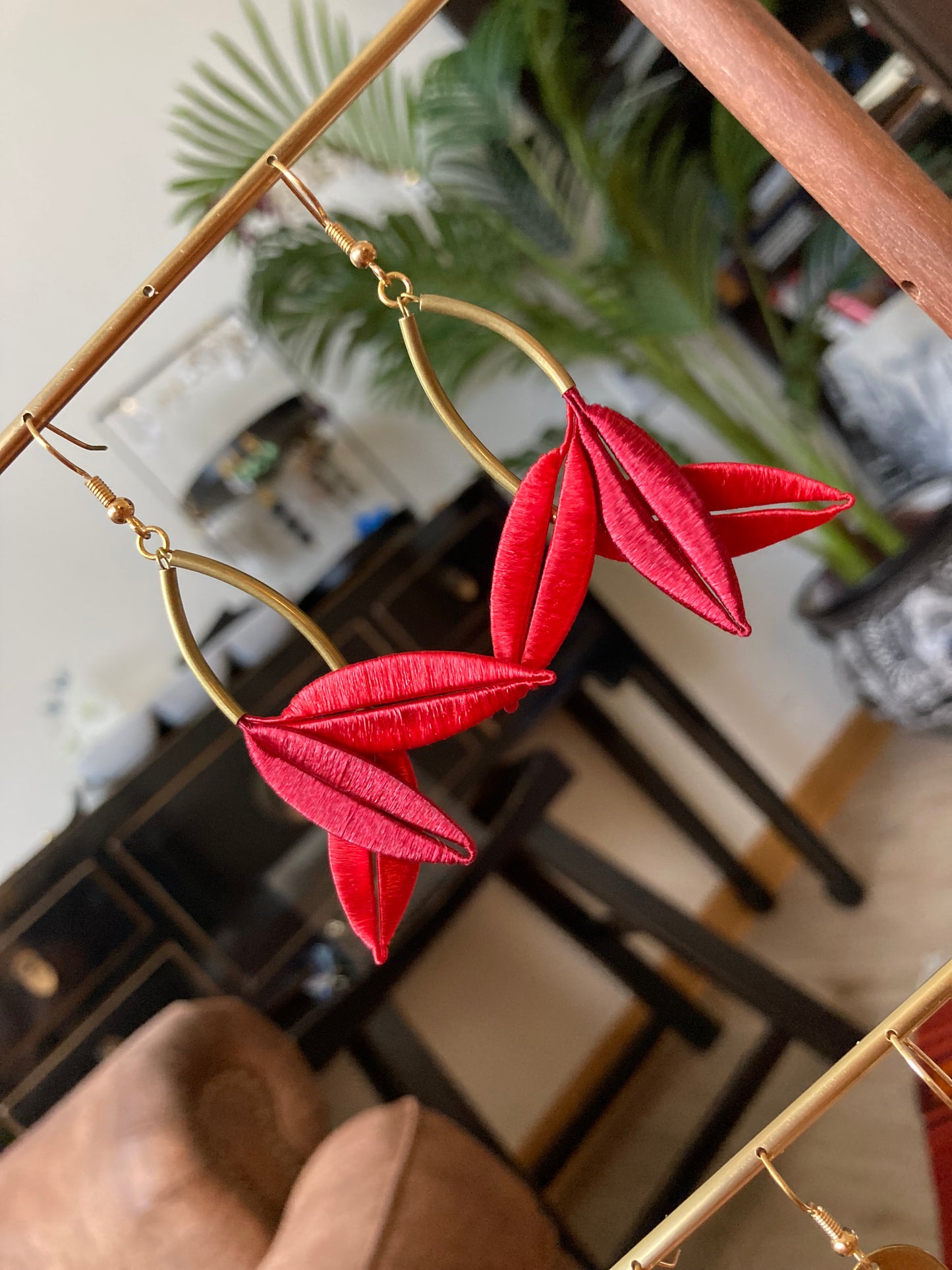 Lourdes•Unique Design Statement Hand-wrapped Silky Thread Red Floral Earrings