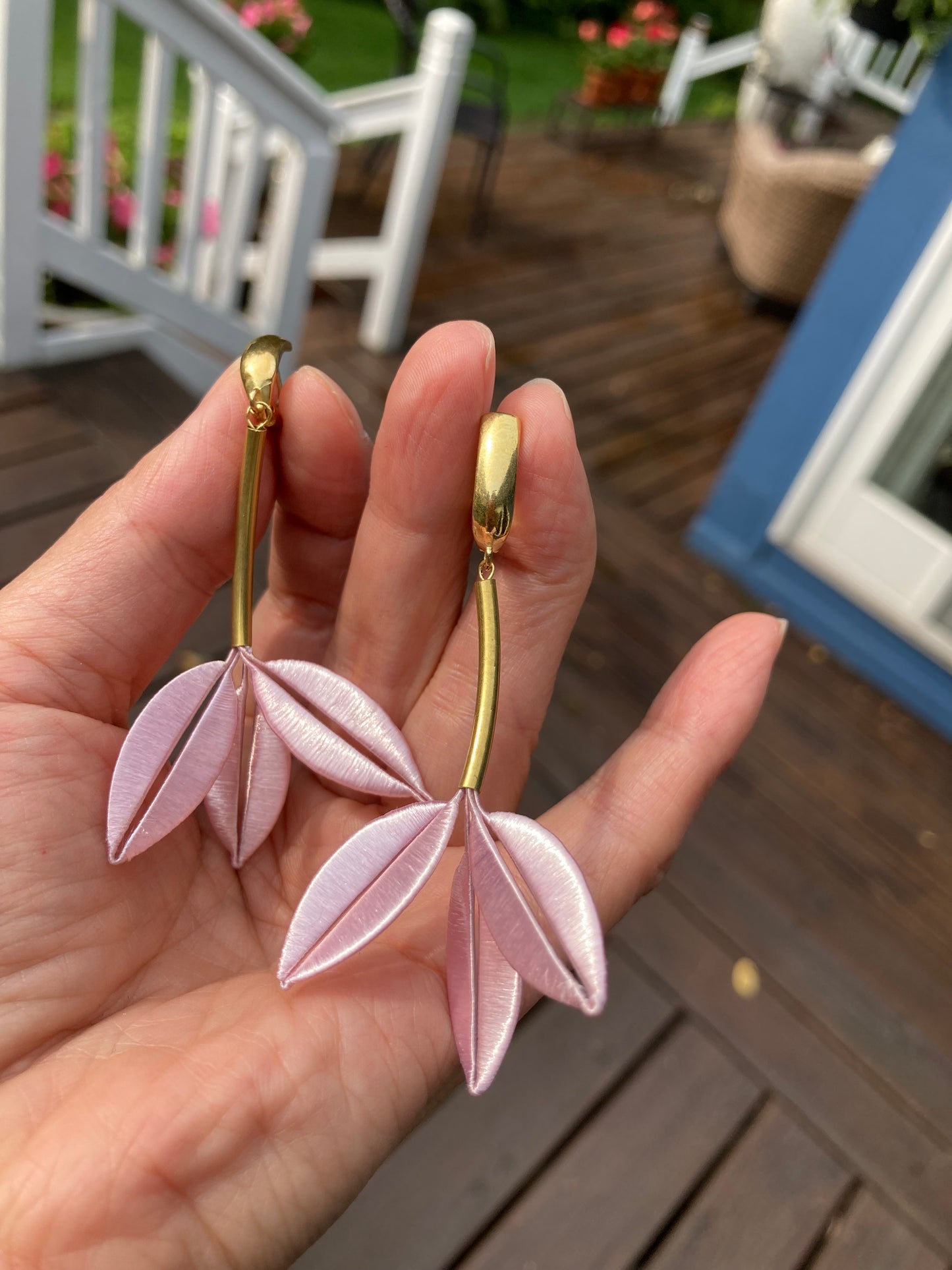 Statement Unique Design Hand-wrapped Shiny Baby Pink Silky Thread Floral Earrings