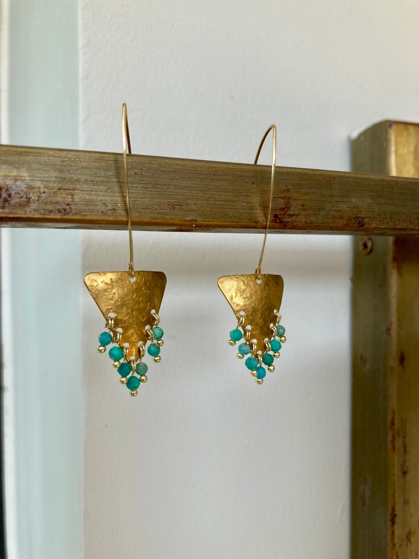 Tulum•Unique Hand Hammered Golden Geometric Turquoise Beads Tassel Earrings