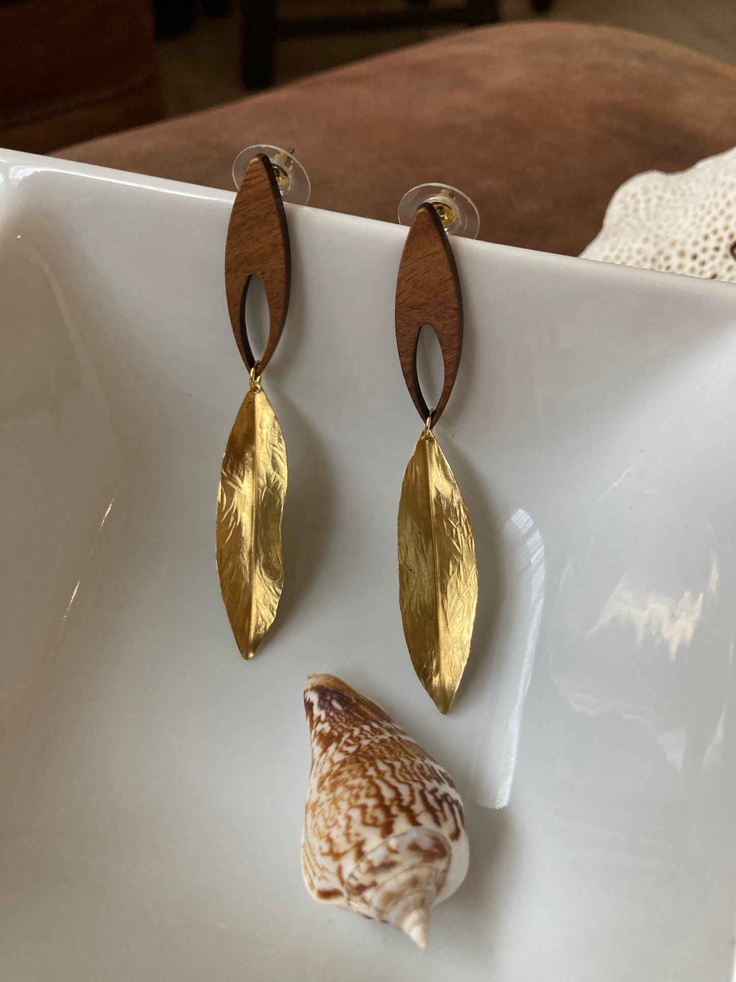 Discovery - Golden Hand Hammered Brass Leaf Wood Stud Earrings