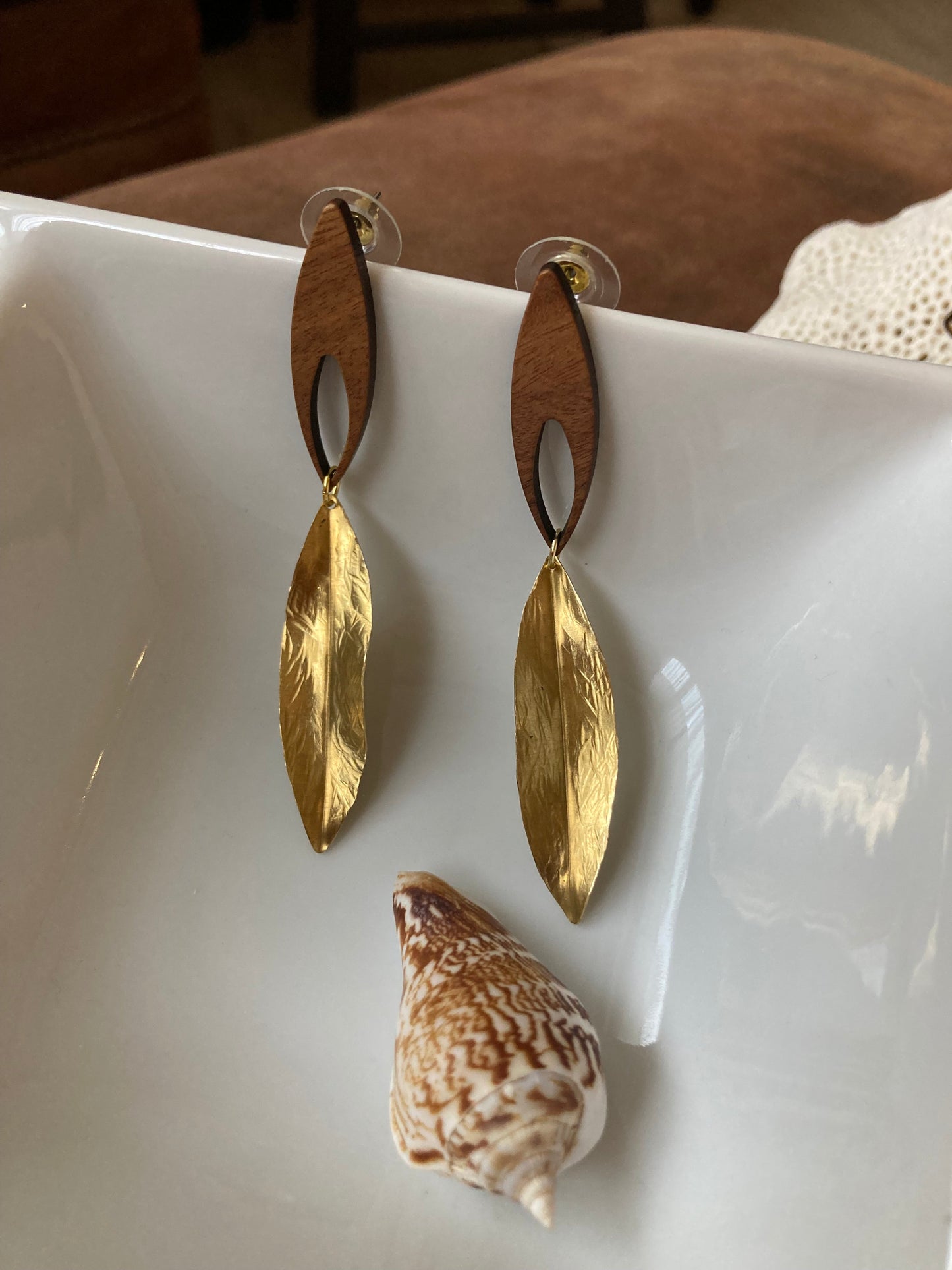 Julie•Discovery-Golden Hand Brushed & Hammered Brass Leaf Wood Stud Earrings