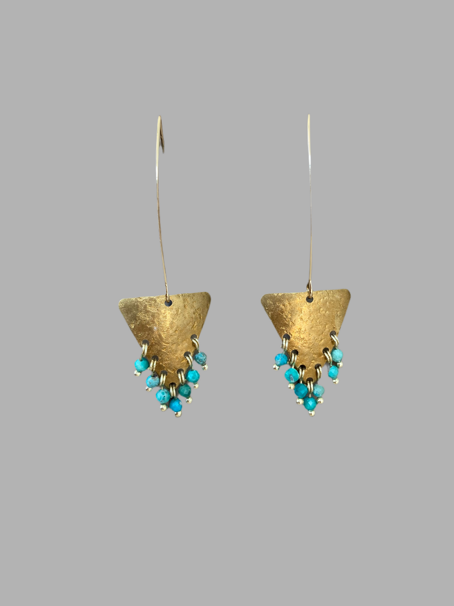 Tulum•Unique Hand Hammered Golden Geometric Turquoise Beads Tassel Earrings