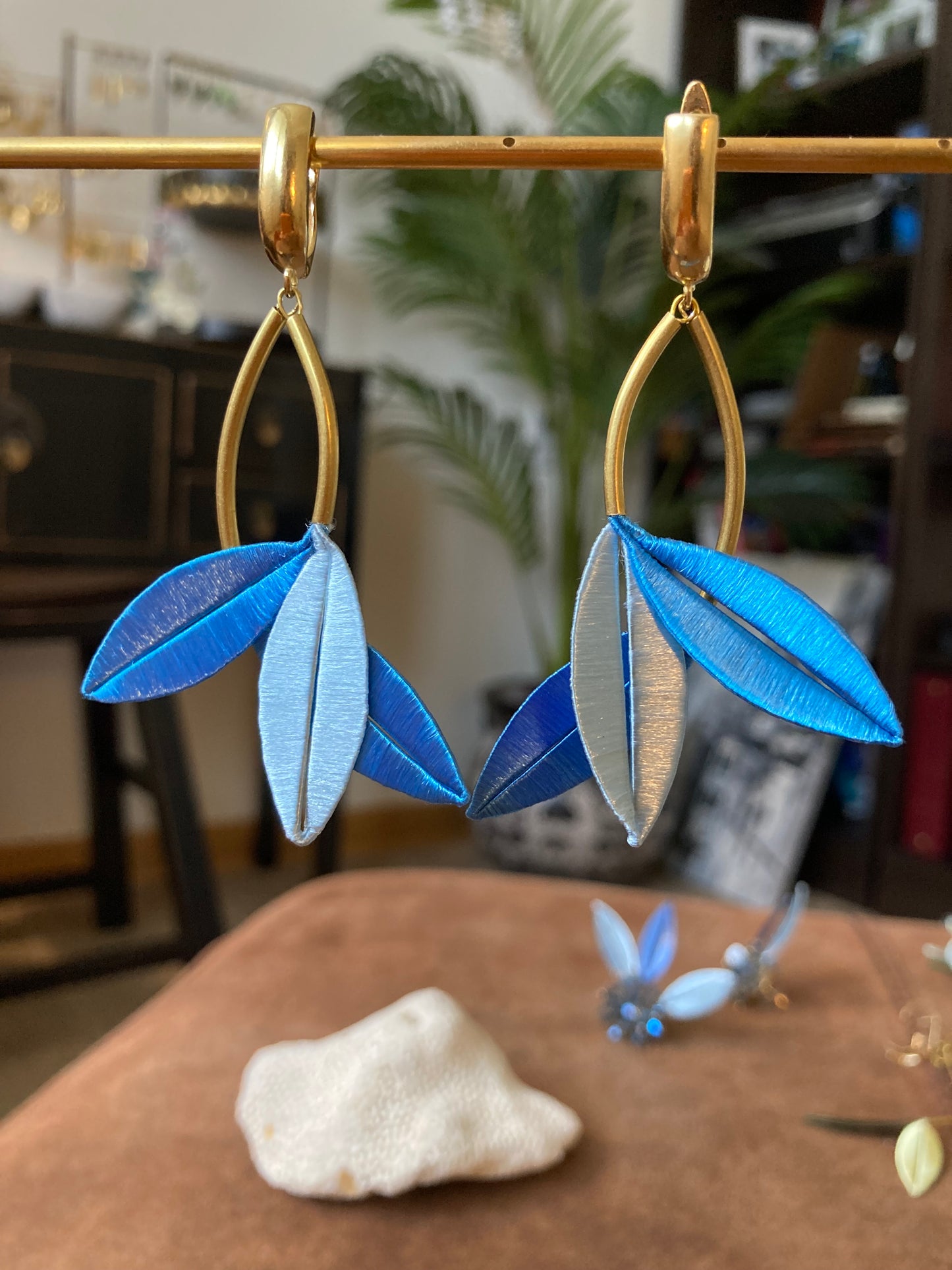 Unique Design Statement Hand-wrapped Silky Thread Mixed Blue Floral Earrings