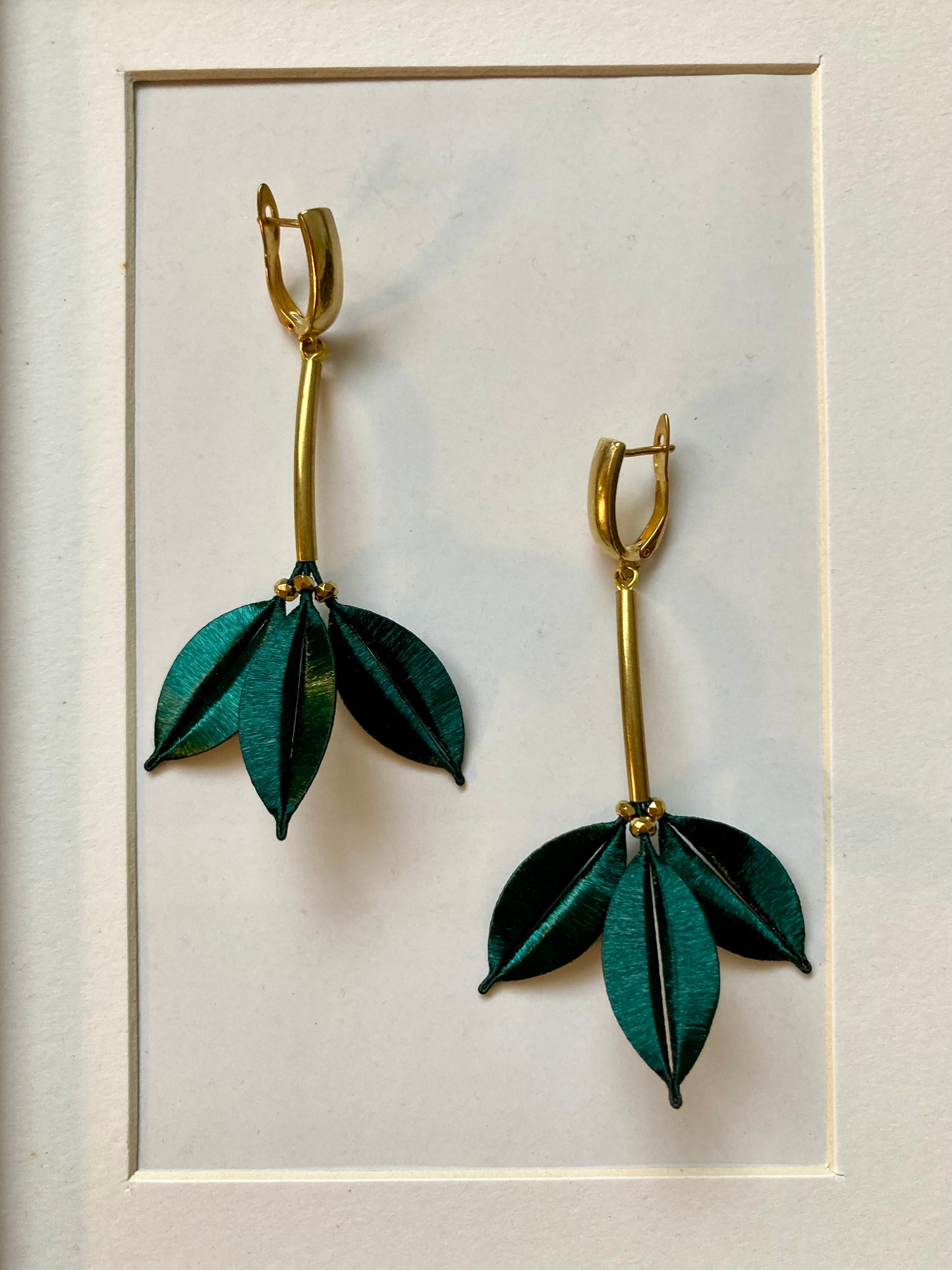 Statement Unique Design Hand-wrapped Shiny Dark Green Silky Thread Floral Earrings