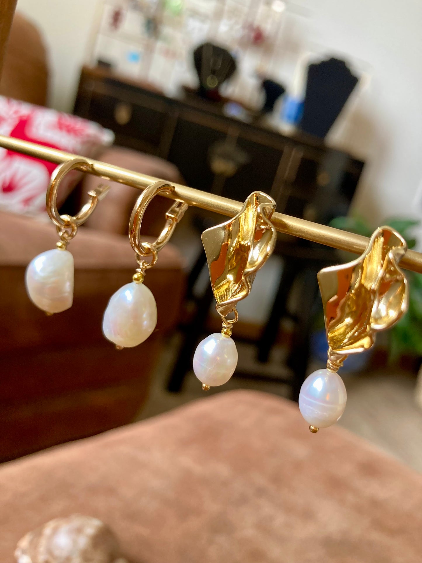 Lava Stud Freshwater Pearl Contemporary Design Golden Earrings