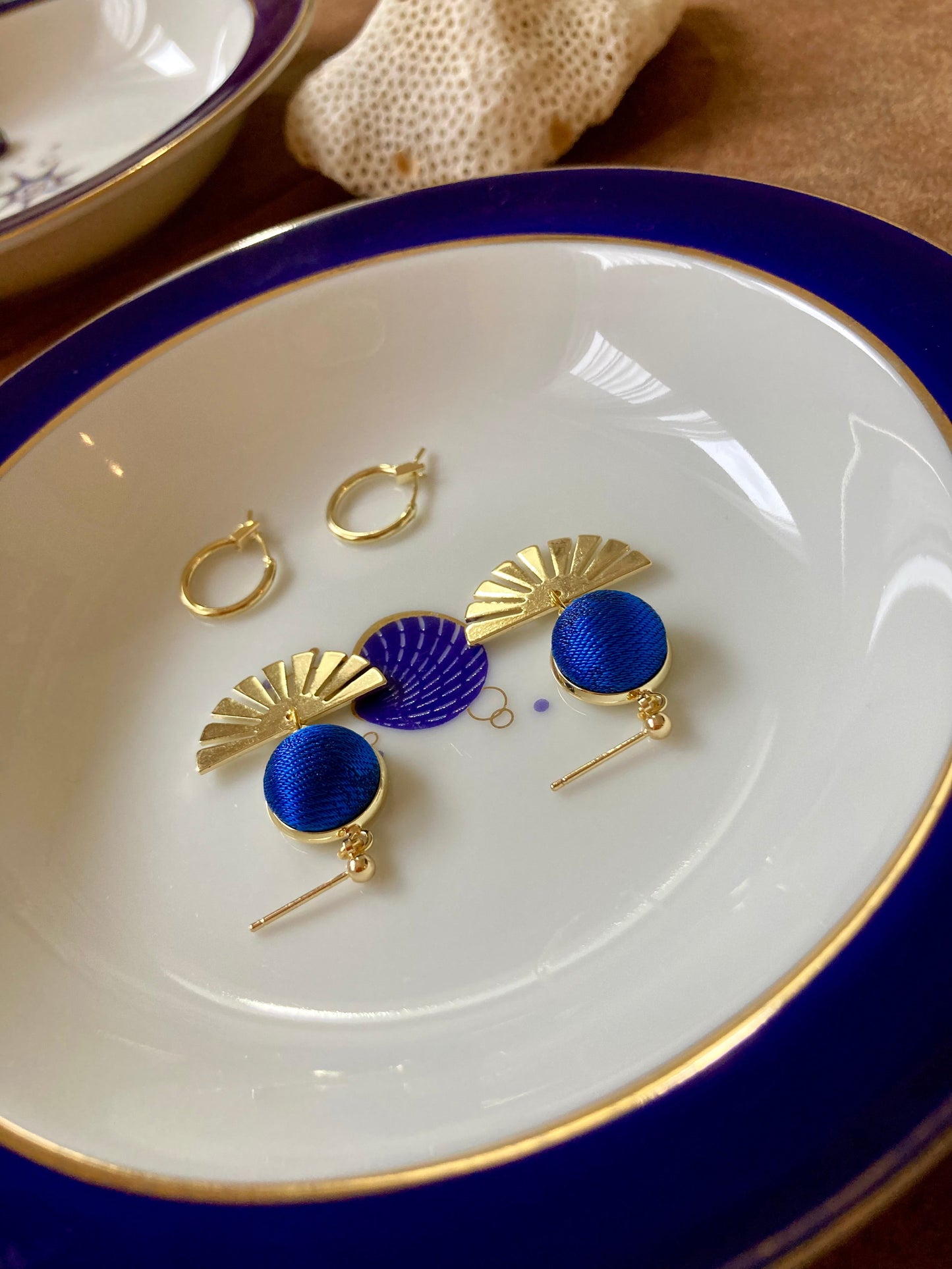 Sun in Blue Sky•Golden Contemporary Design Silk Earring Studs-