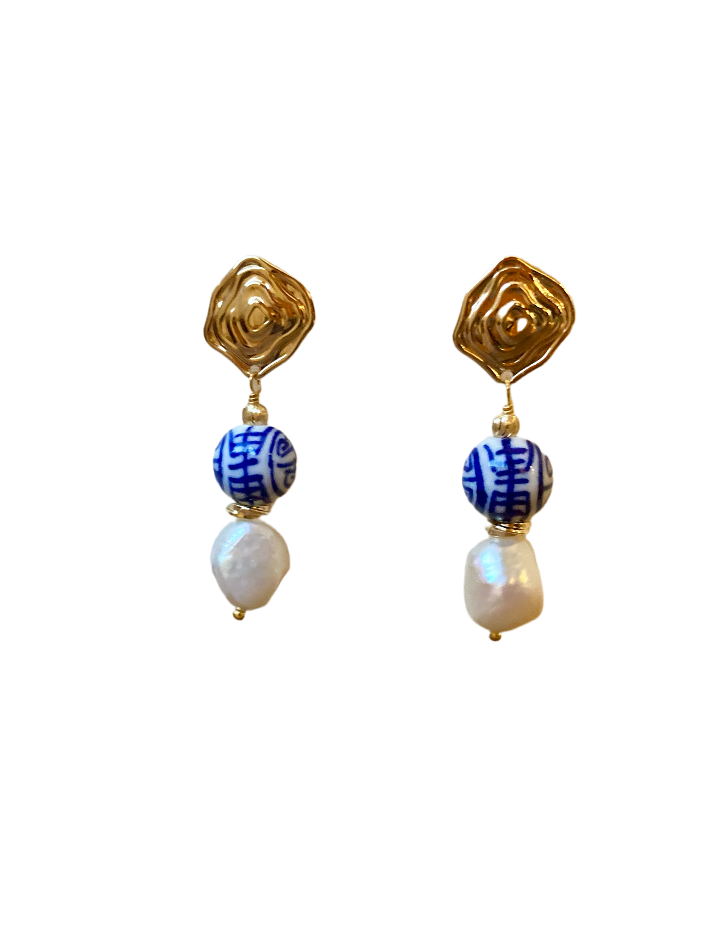 Statement Golden Stud Earrings in Freshwater Pearl & Hand Painted Ancient Character of Long-Life Ceramic Beads