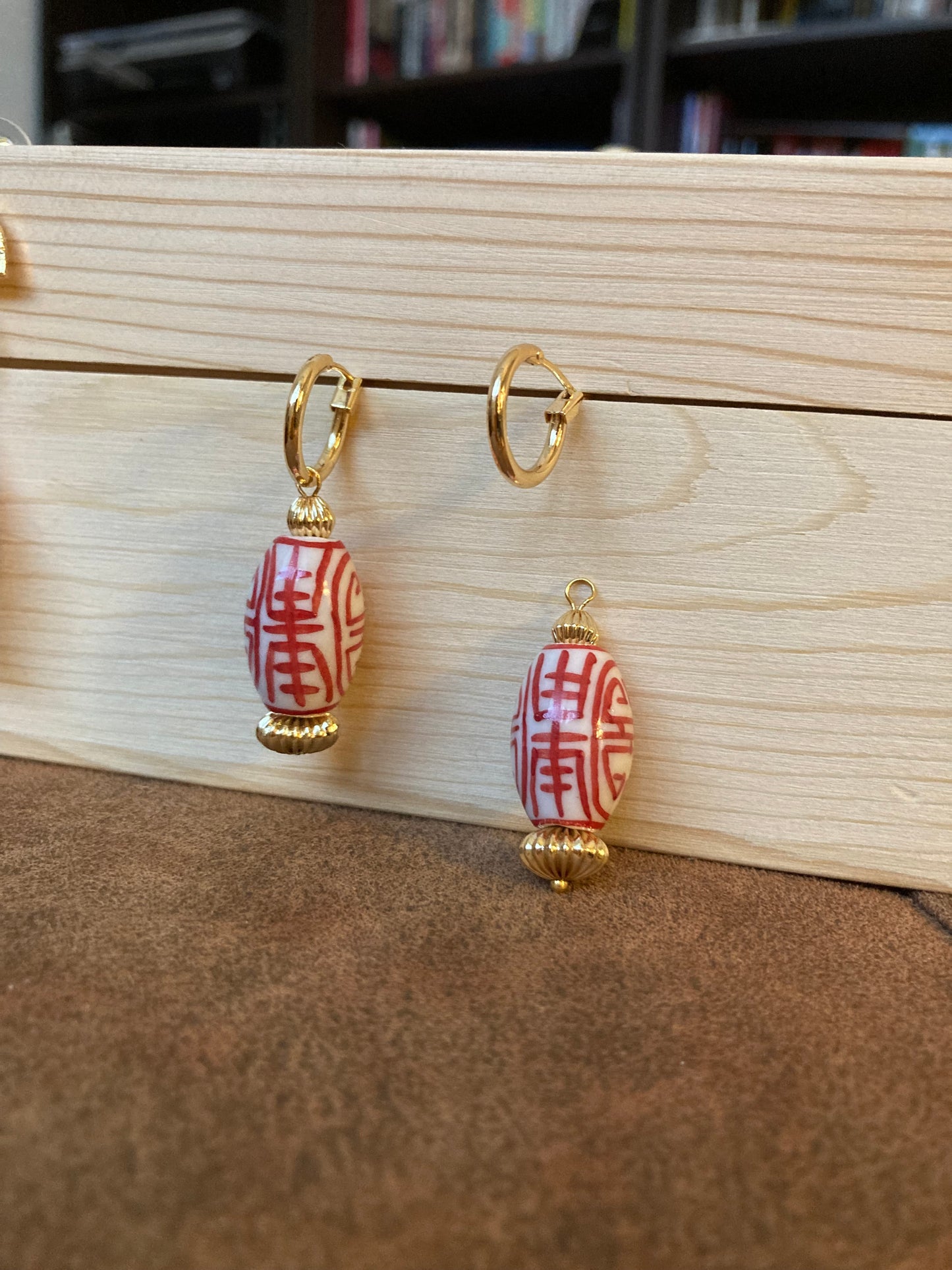 Golden Interchangeable Huggies Earrings with Hand Painted Ceramic Ancient Character of Long-Life Ceramic Beads