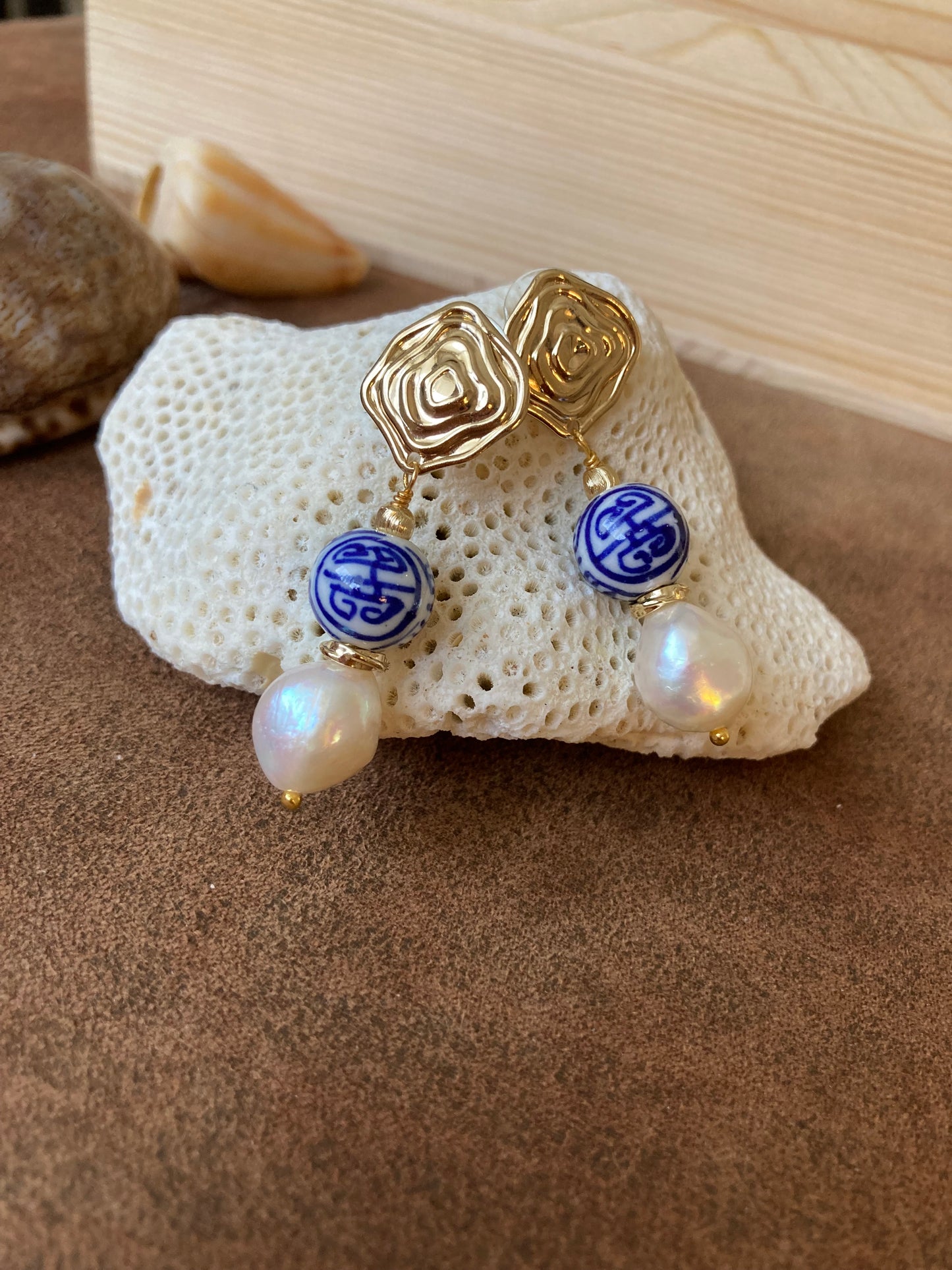 Statement Golden Stud Earrings in Freshwater Pearl & Hand Painted Ancient Character of Long-Life Ceramic Beads