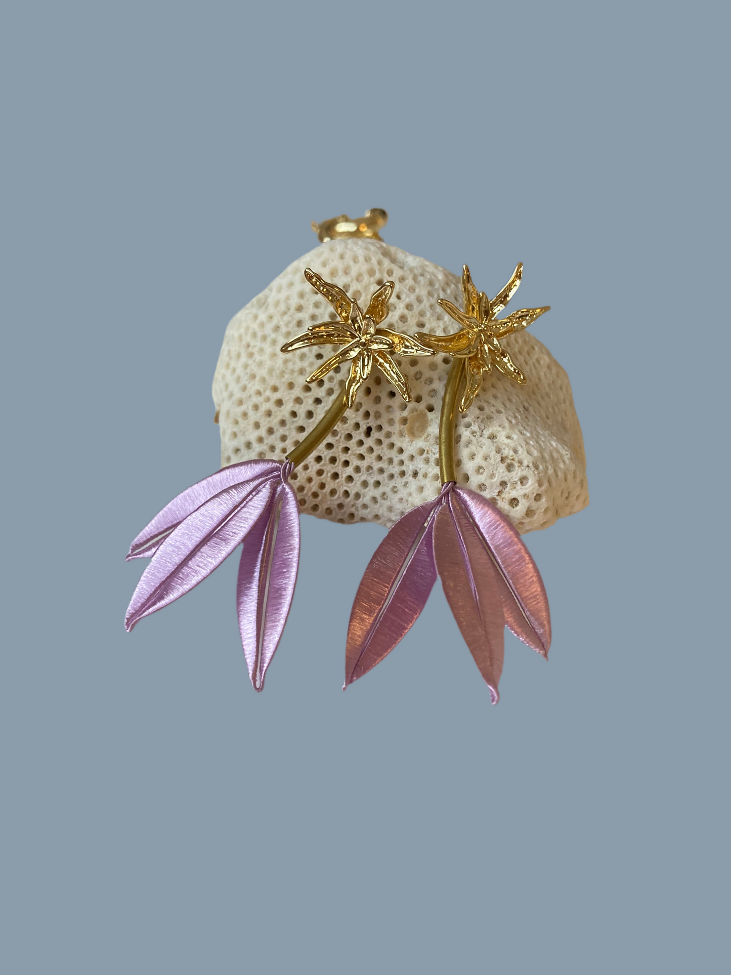 Interchangeable Heritage Skills Hand-wrapped Silky Thread Lavender Gold Floral Studs Earrings