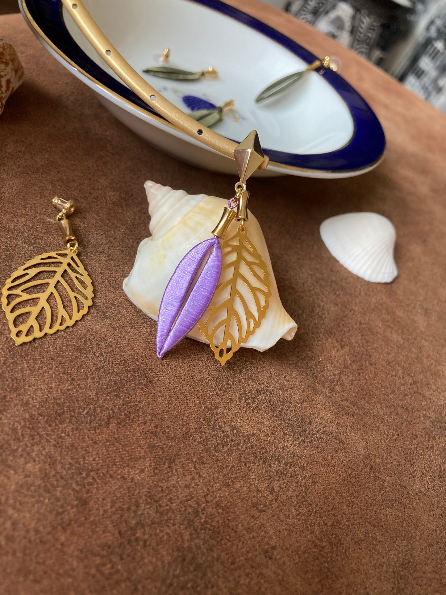 Interchangeable Gold & Lavender Shiny Hand-wrapped Silky Thread Leaf Dangling Earrings