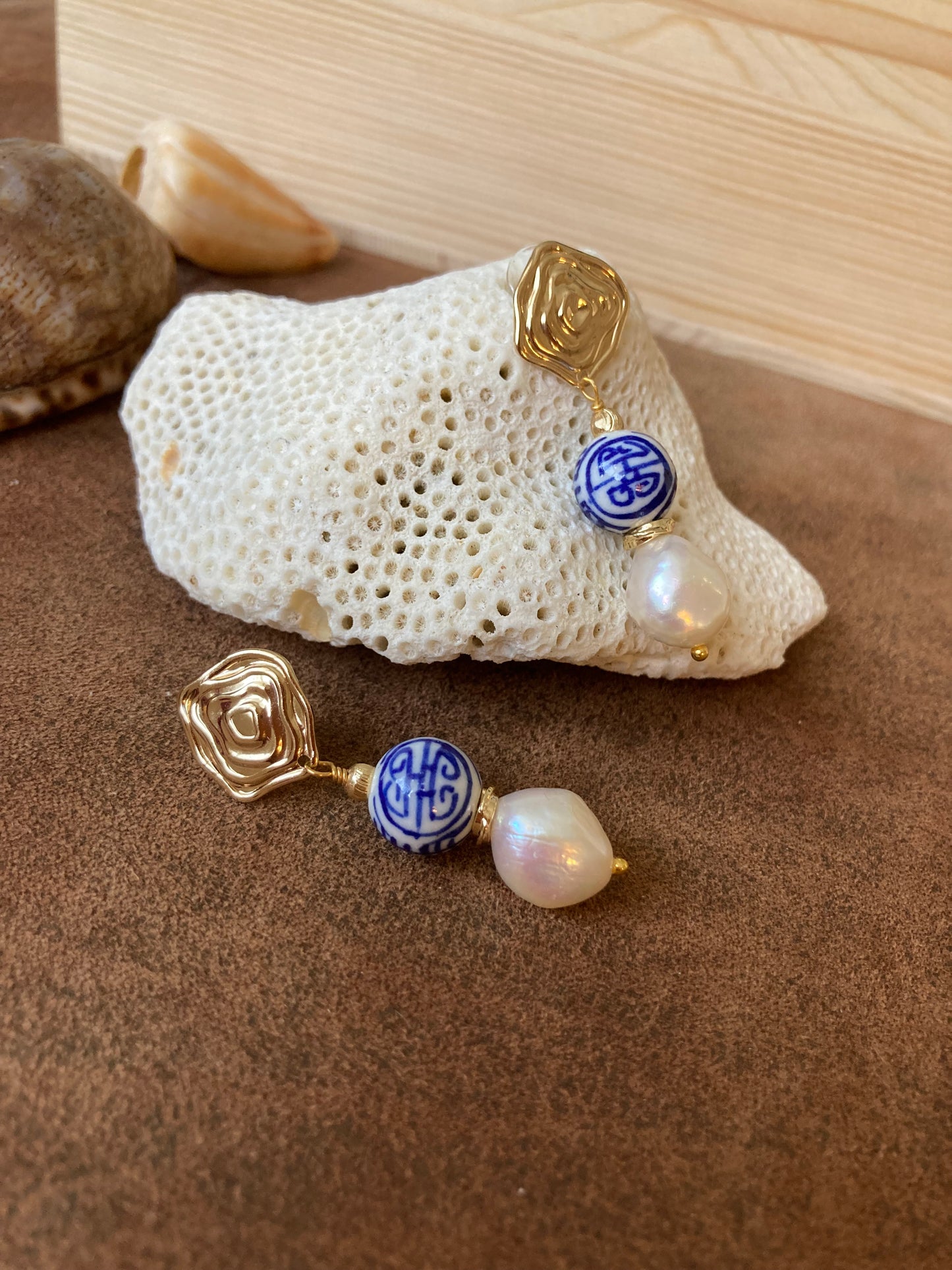 Statement Golden Stud Earrings in Freshwater Pearl & Hand Painted Ancient Character of Long-Life Ceramic Beads